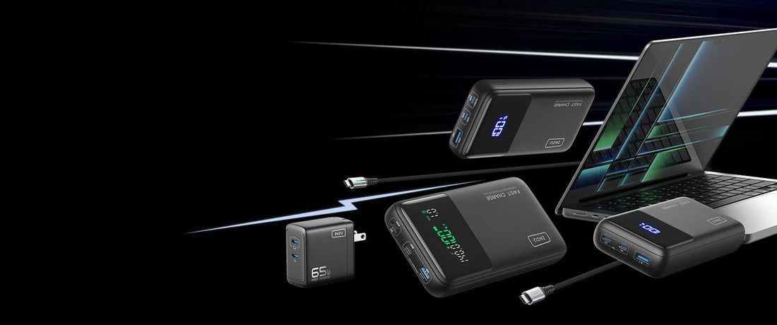 INIU power bank with fast charging, charging laptop with a digital display.