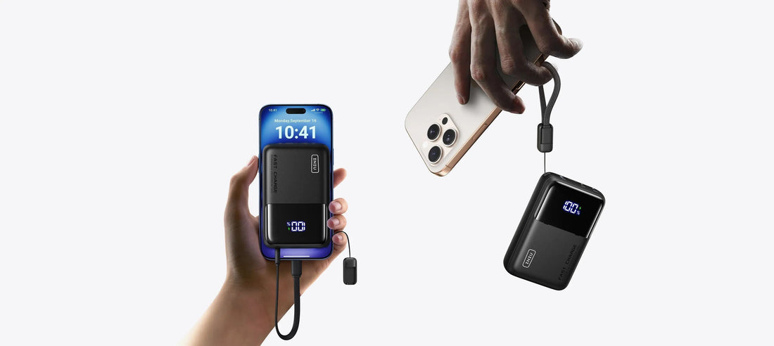 INIU power bank charging phone, showing fast charge status. Portable charger with lanyard.