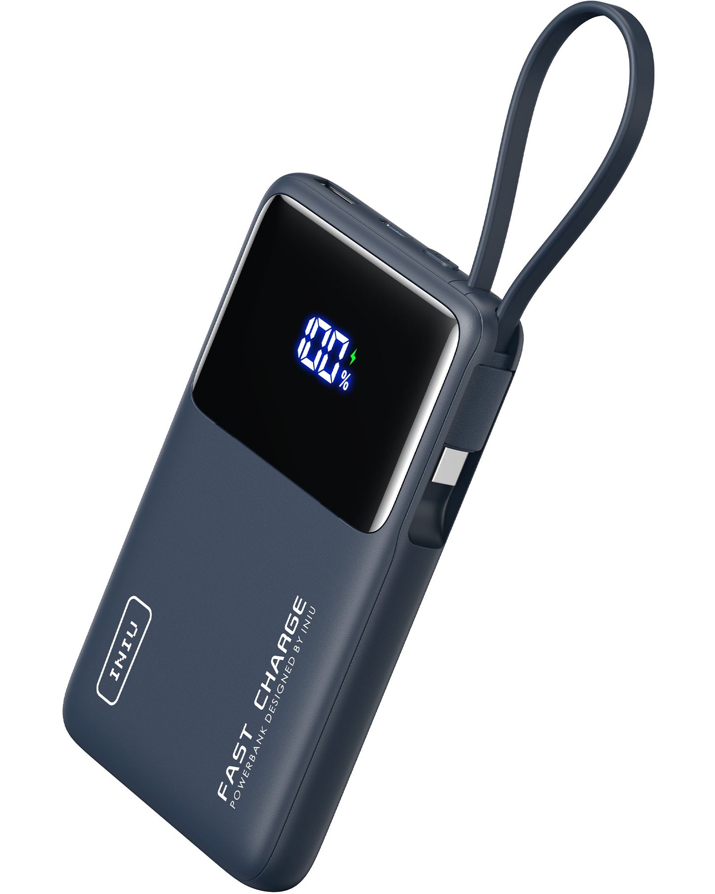 INIU P55L-E2 Power Bank in dark blue with digital display showing 100%, featuring a fast charging design.