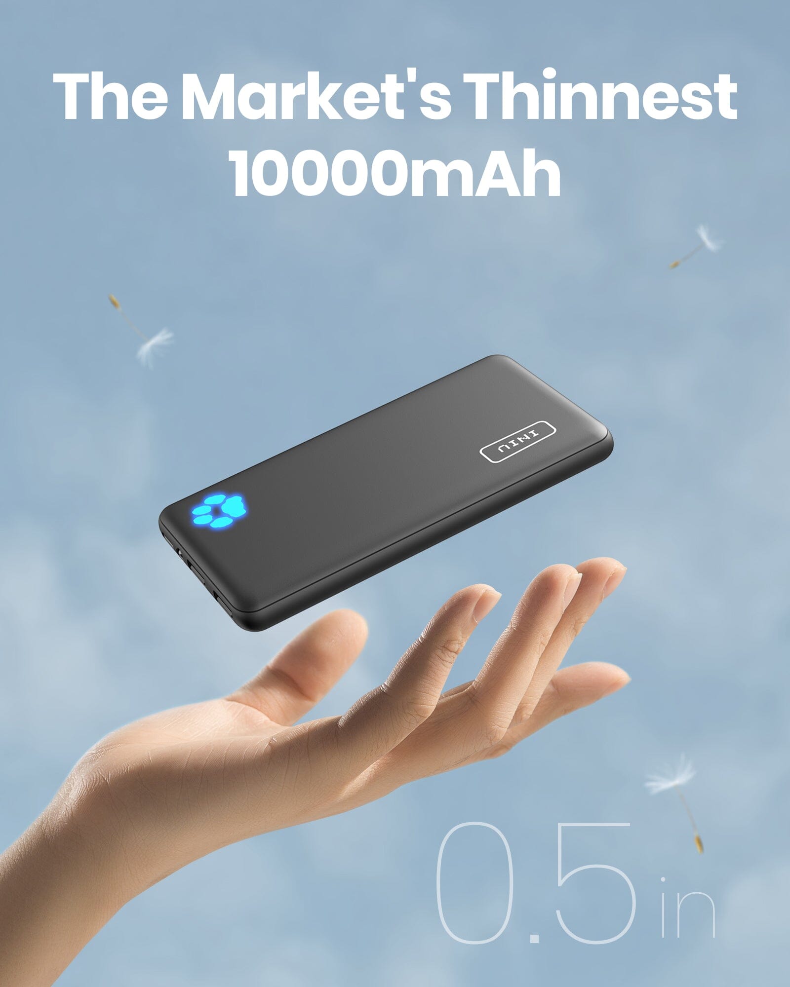 INIU B41 10000mAh power bank in black, held above a hand, labeled 'The Market's Thinnest 10000mAh' and '0.5in'.