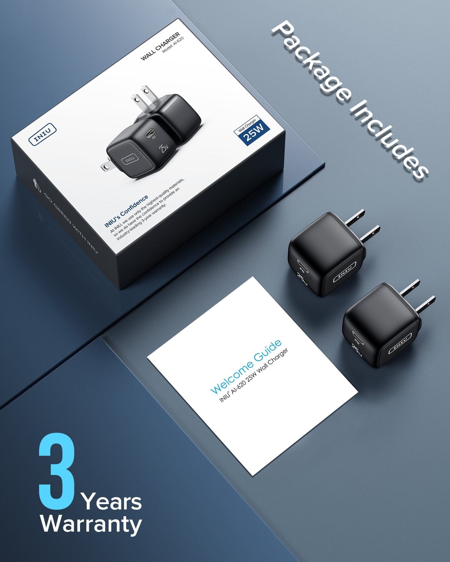 Package Includes: INIU PowerCube Mini 25W USB C Charger 2 Pack, 3 years warranty