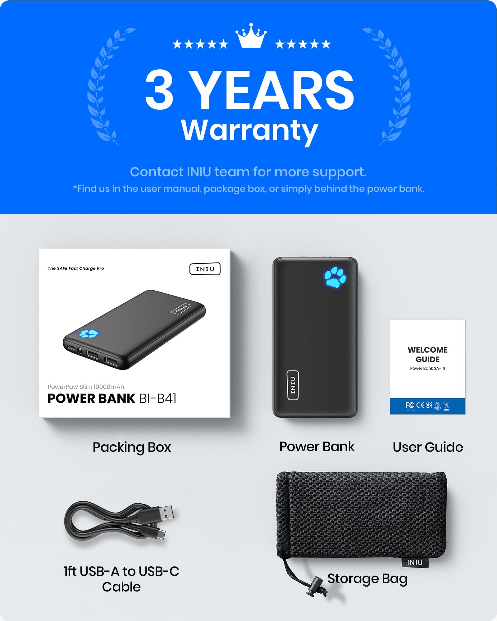 INIU B41 10000mAh Power Bank: 3-Year Warranty, Packaging, Power Bank, USB-C Cable, Storage Bag. Safe Fast Charge Pro.