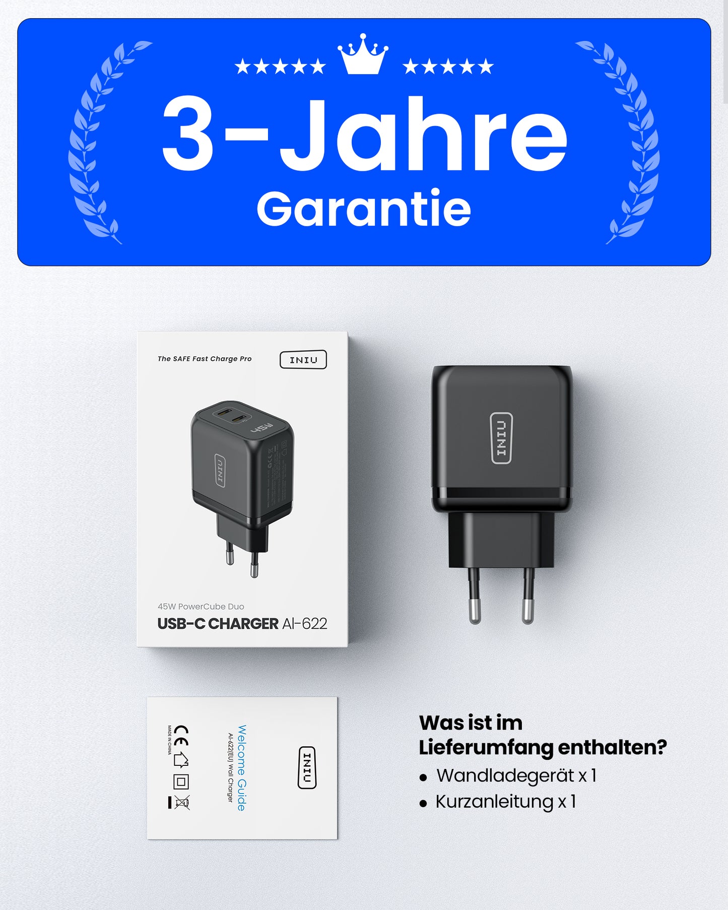 INIU I622 Dual Port USB-C GaN Schnellladegerät 45W
