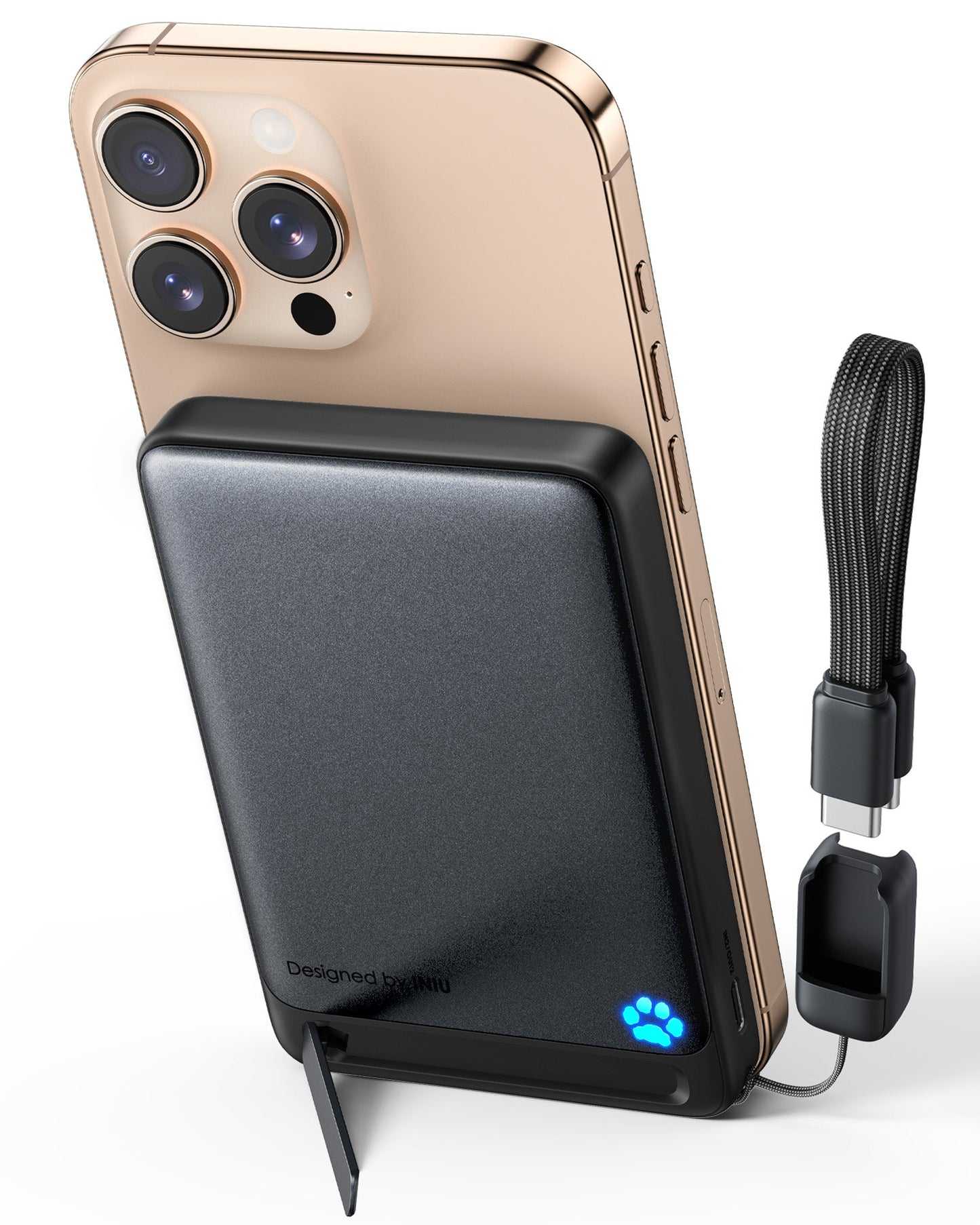 INIU P73-E1 Wireless Charger attached to iPhone, Designed by INIU, Qi2 15W charging, black power bank with foldable stand.