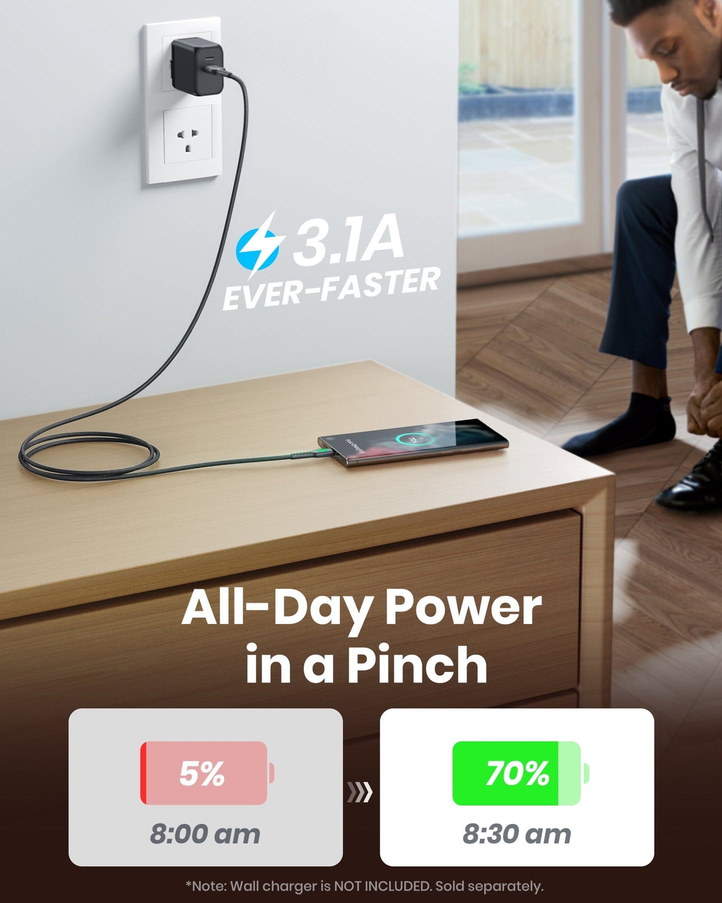INIU D3C USB C Cable Fast Charging: Demonstrates phone charging from 5% to 70% in 30 minutes with 3.1A power.