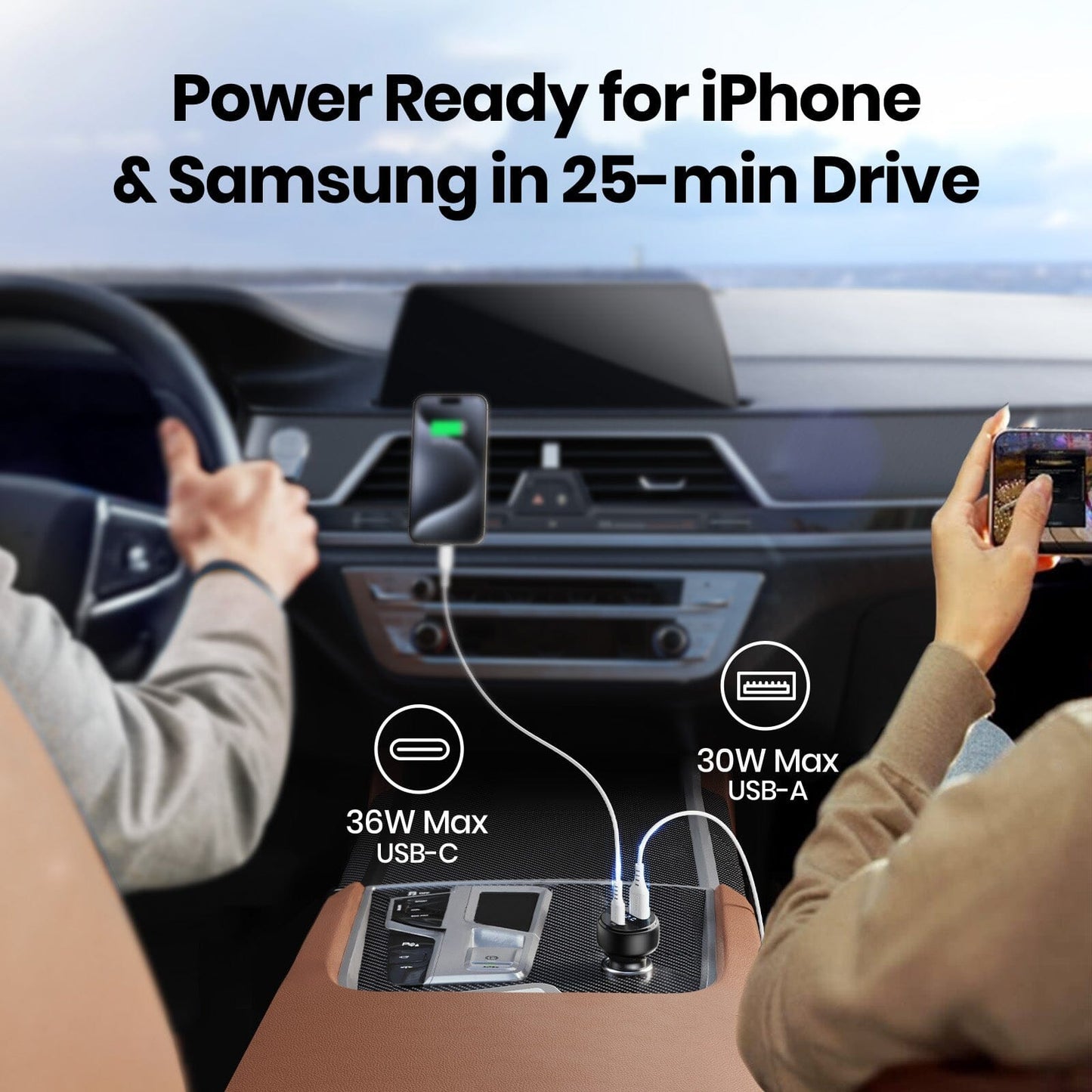INIU I711 car charger charging iPhone and Samsung phones in a car, fast charging in 25 mins. With USB-C and USB-A ports.