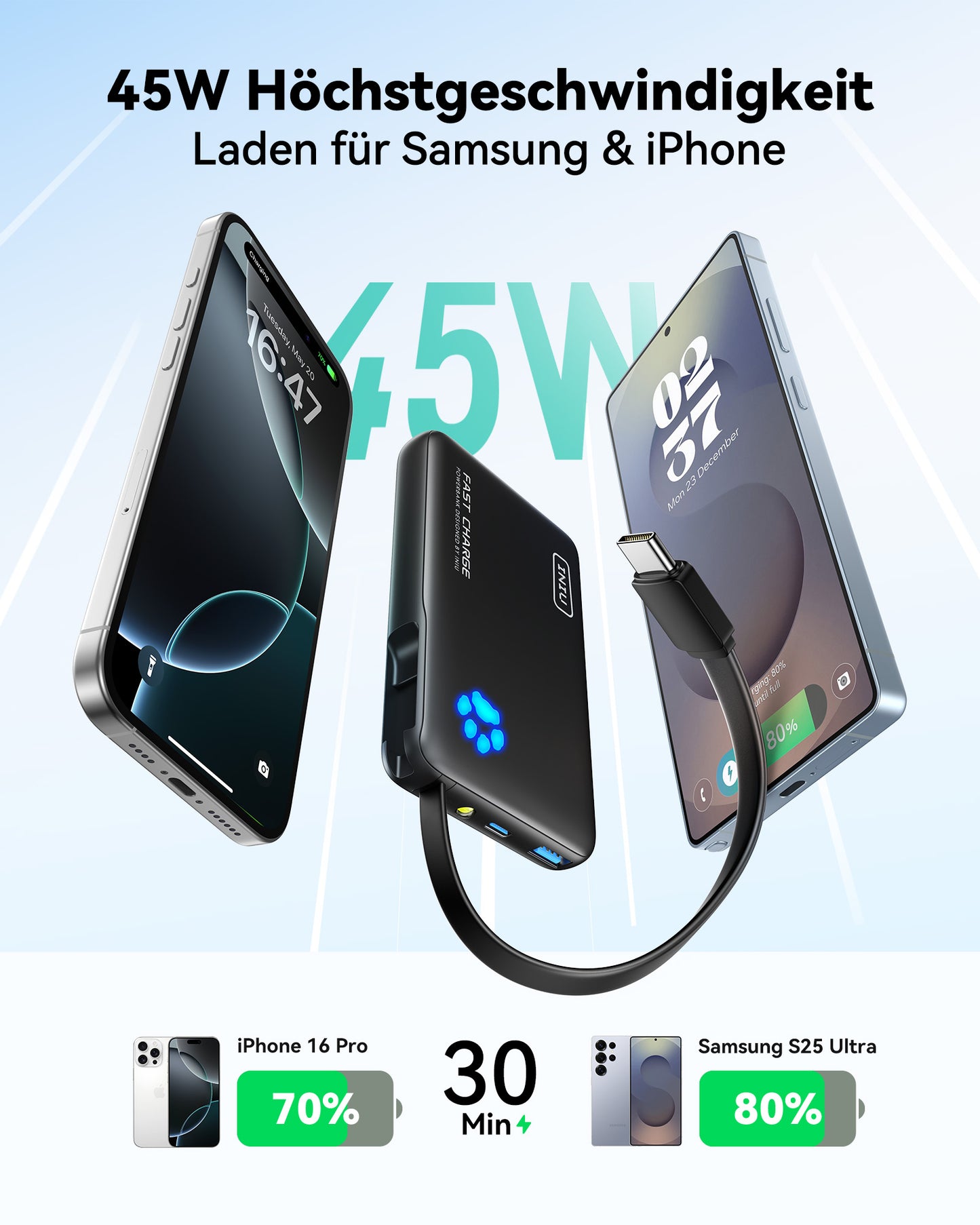 INIU Pawsible P41L-E2 Power Bank mit eingebautem Kabel, schlankeste 45 W, 10.000 mAh