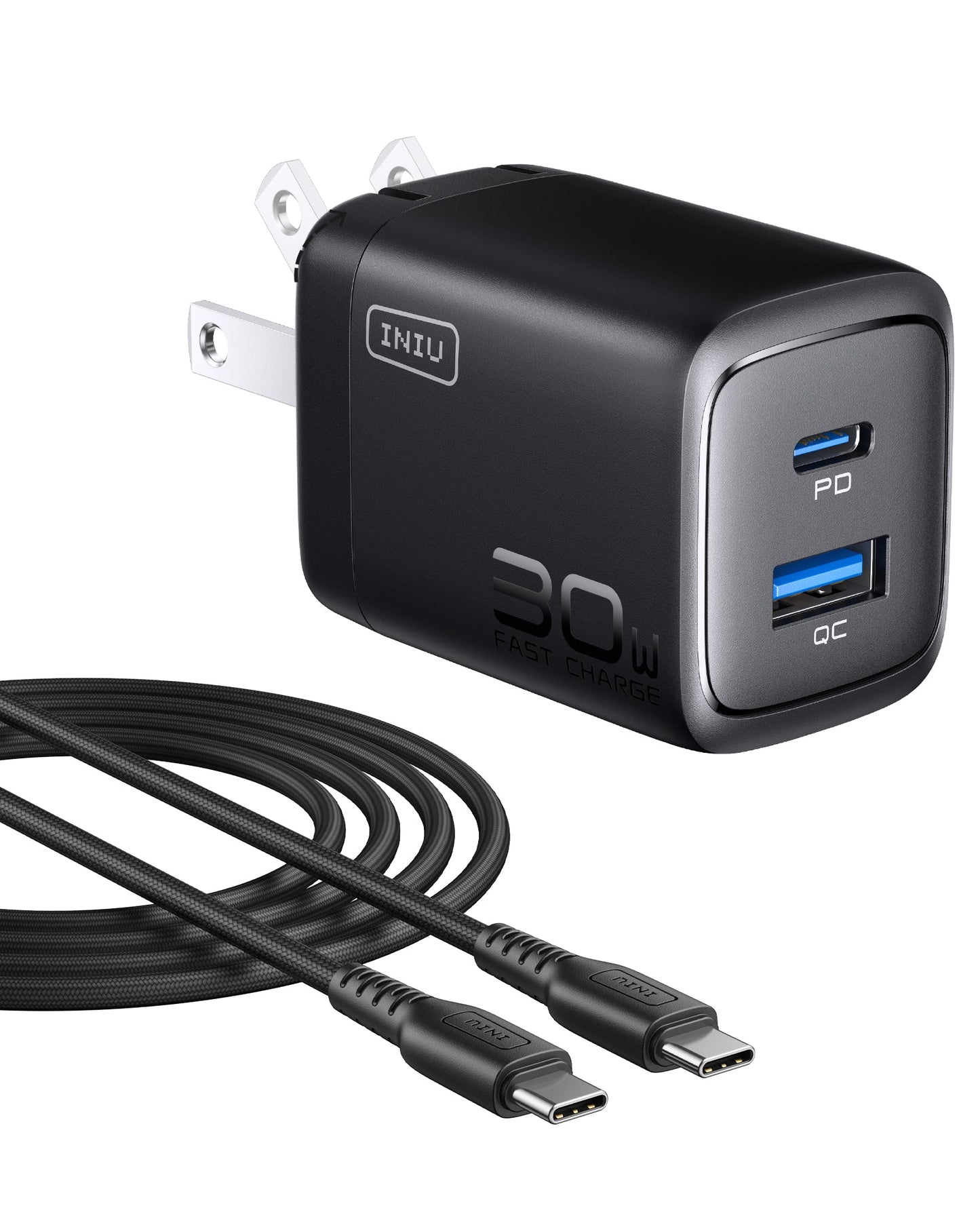 INIU A12-E1 30W Dual Port Charger in Black with USB-C Cable, PD and QC Fast Charging.