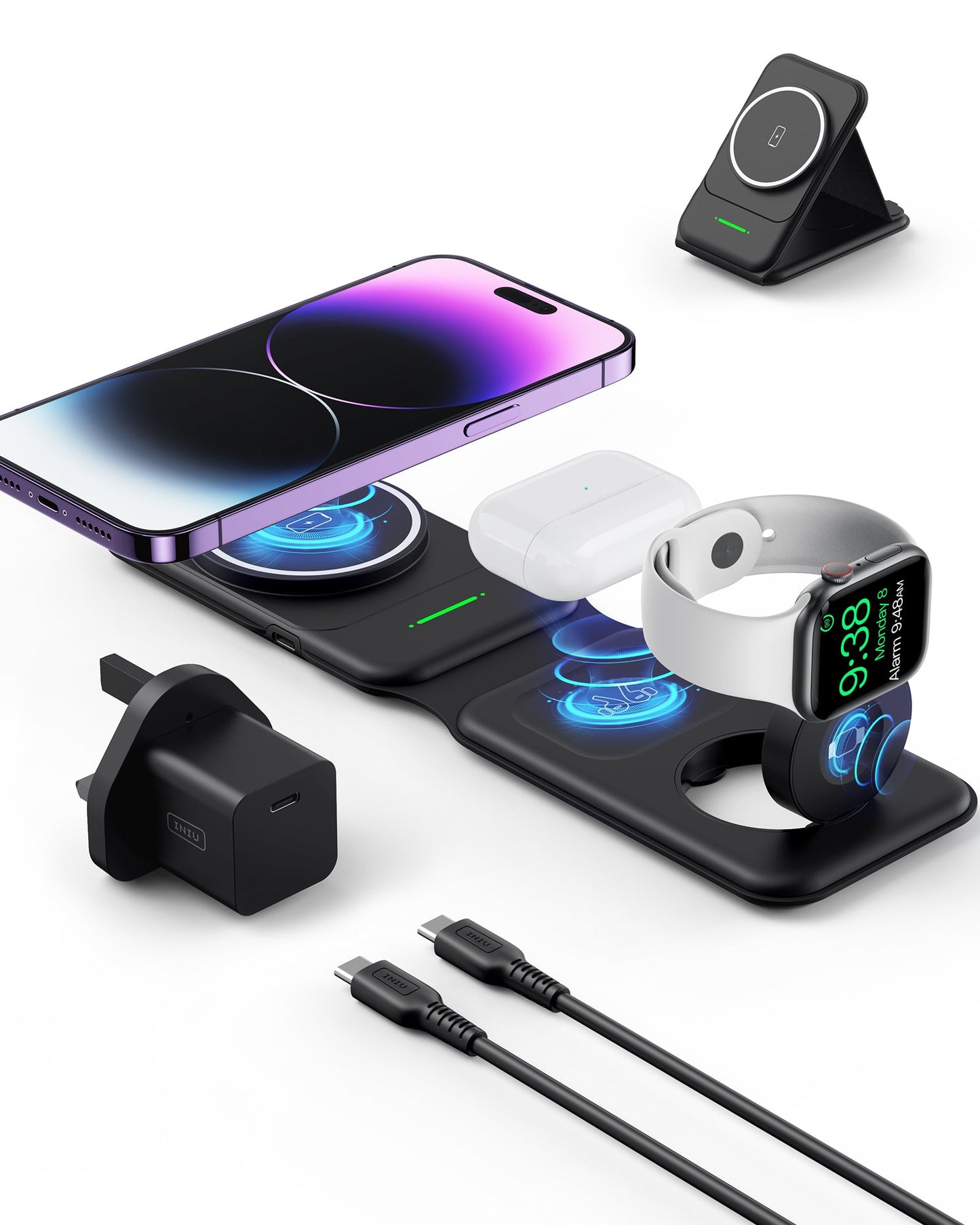 INIU SnapGo WI222 3-in-1 Wireless Charging Pad, iPhone, AirPods, Apple Watch charging, with adapter and cable