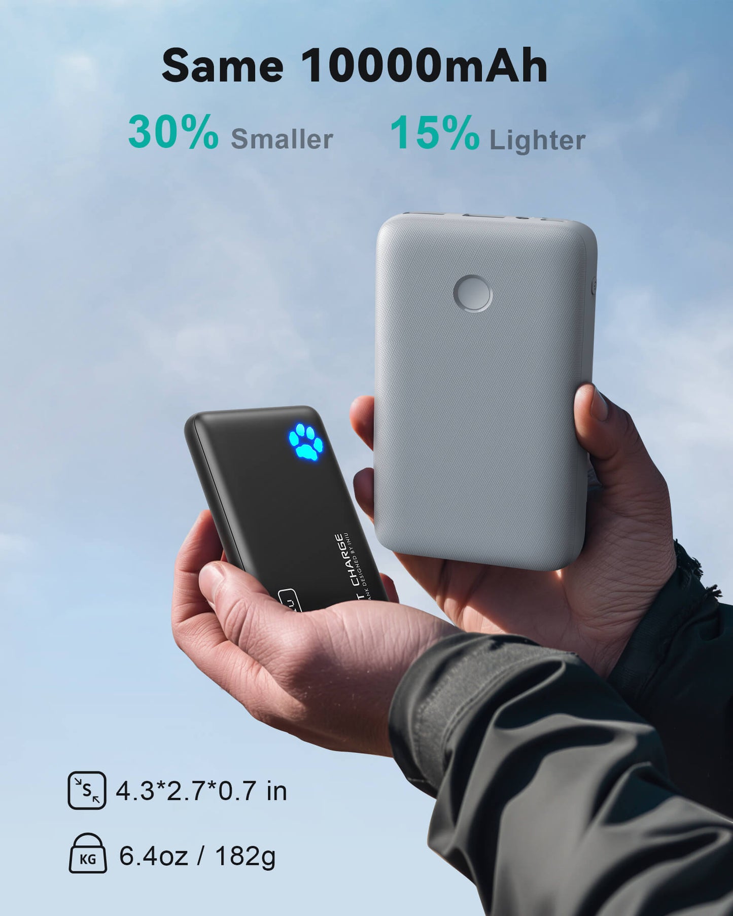 INIU P41 Power Bank: Black and grey portable chargers in hand, showing size comparison with text: 30% smaller and 15% lighter