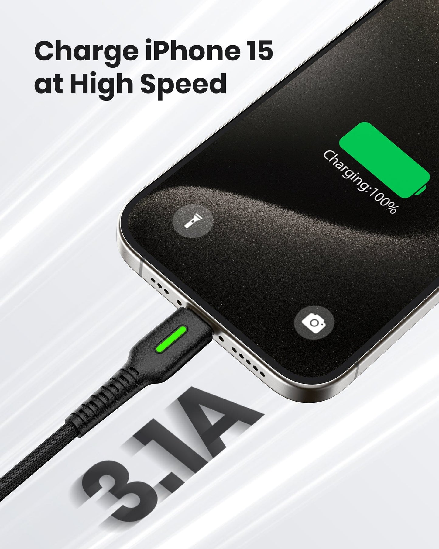 INIU D3C USB C Cable charging iPhone 15 at high speed with 3.1A power, black braided cable with LED indicator.