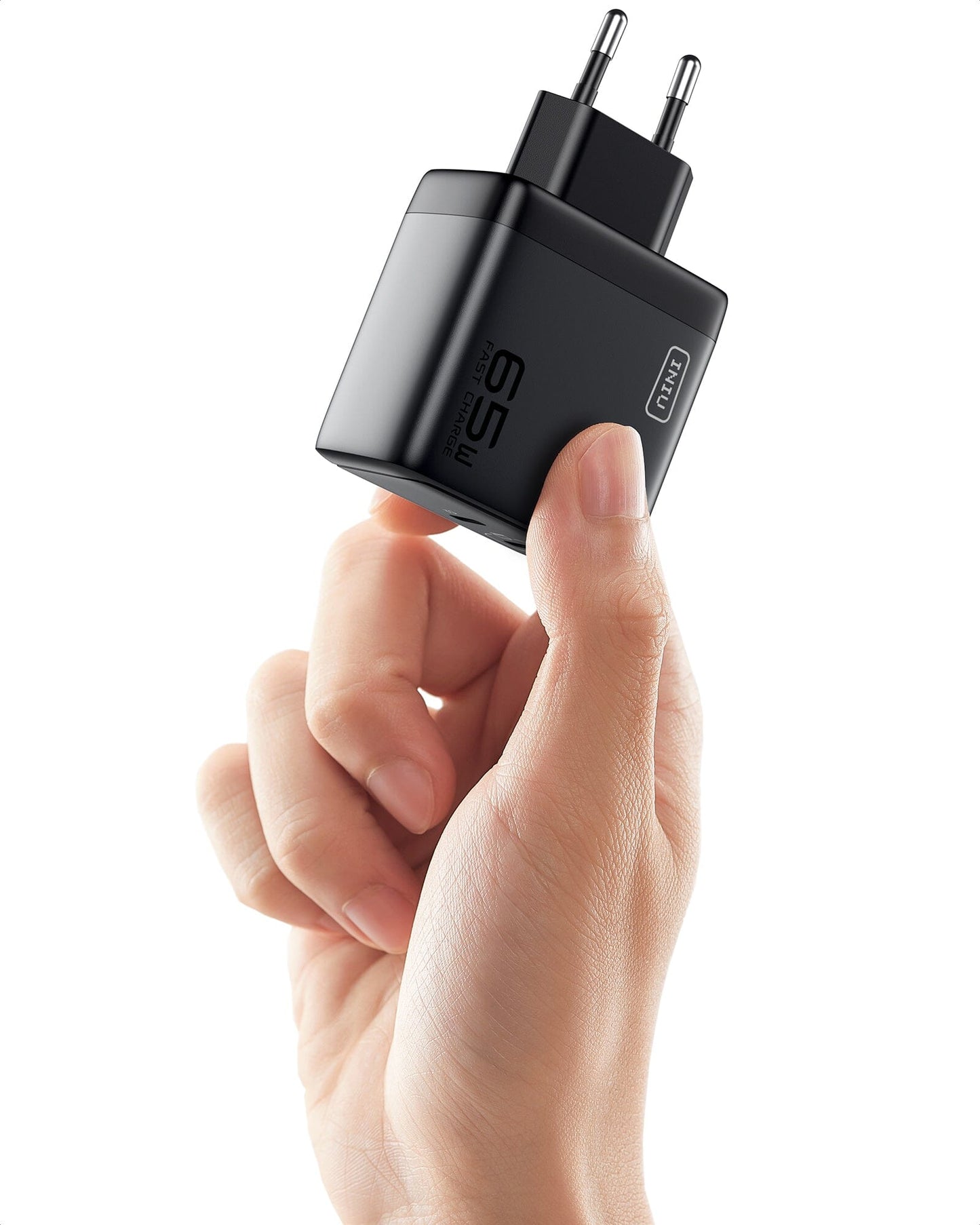 INIU I624 65W Black Wall Charger held in hand. Compact design with fast charging capabilities, USB-C ports and INIU brand.