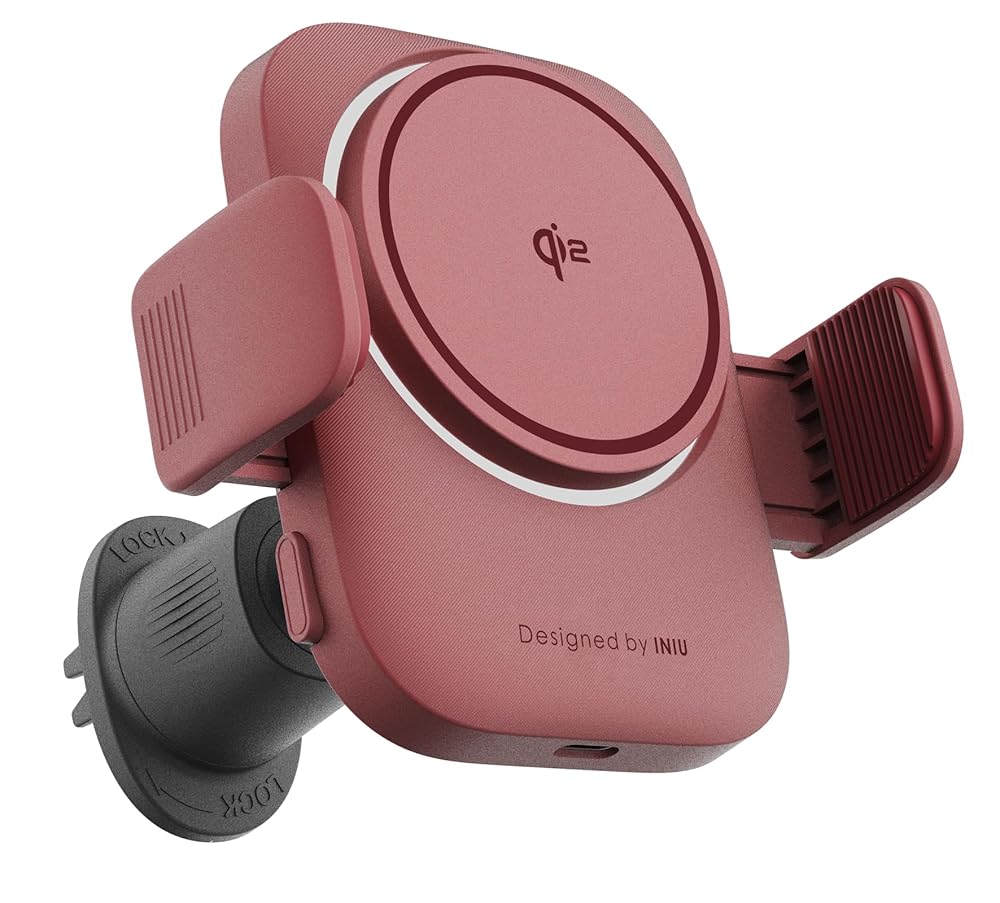 INIU SnapGo V11-E1 Qi2 Magnetic Wireless Car Charger in pink. Features Qi2 logo, and "Designed by INIU"