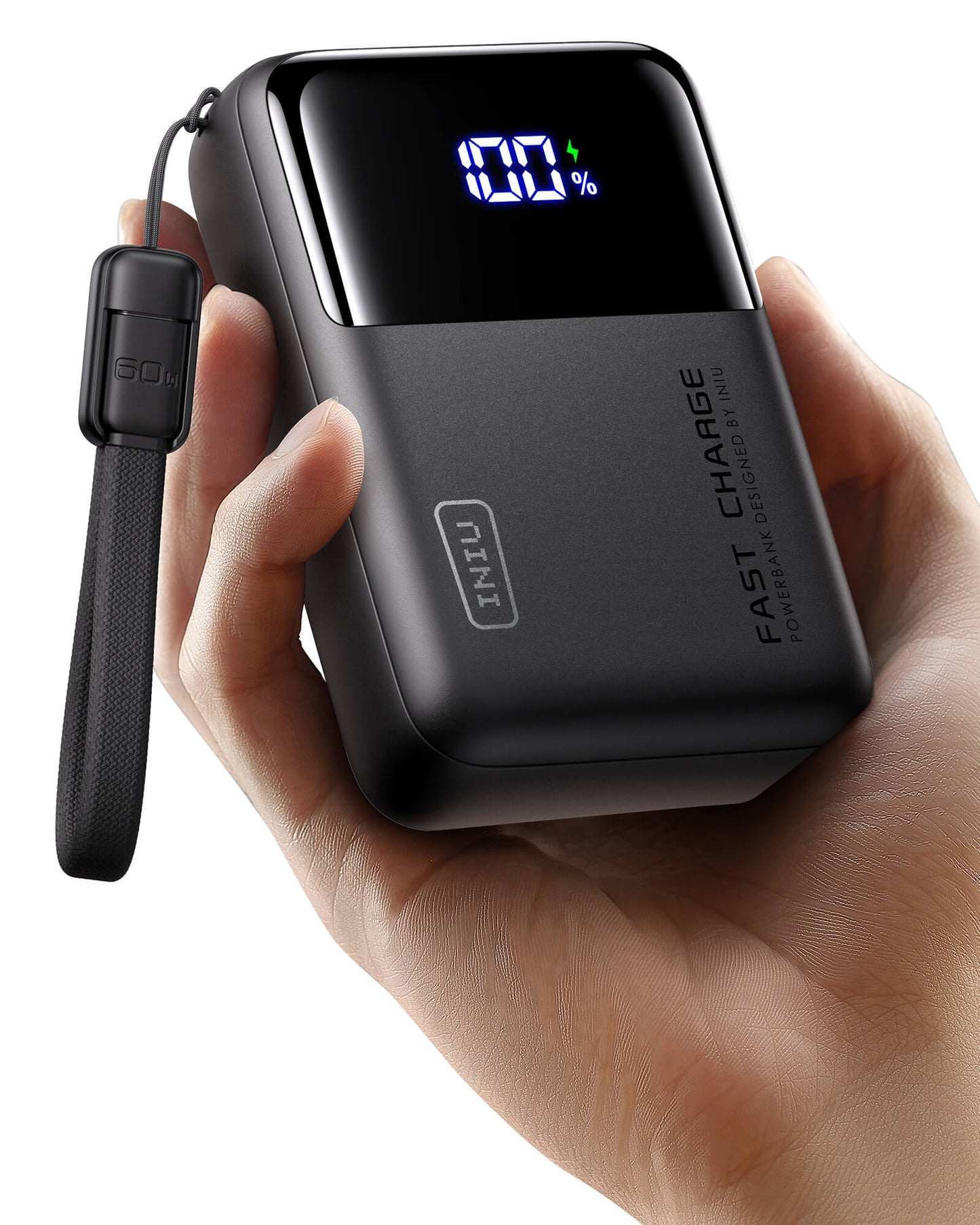 INIU Cougar P63-E1 Power Bank held in hand showing 100% charge. Features FAST CHARGE, 60W strap, and compact design.