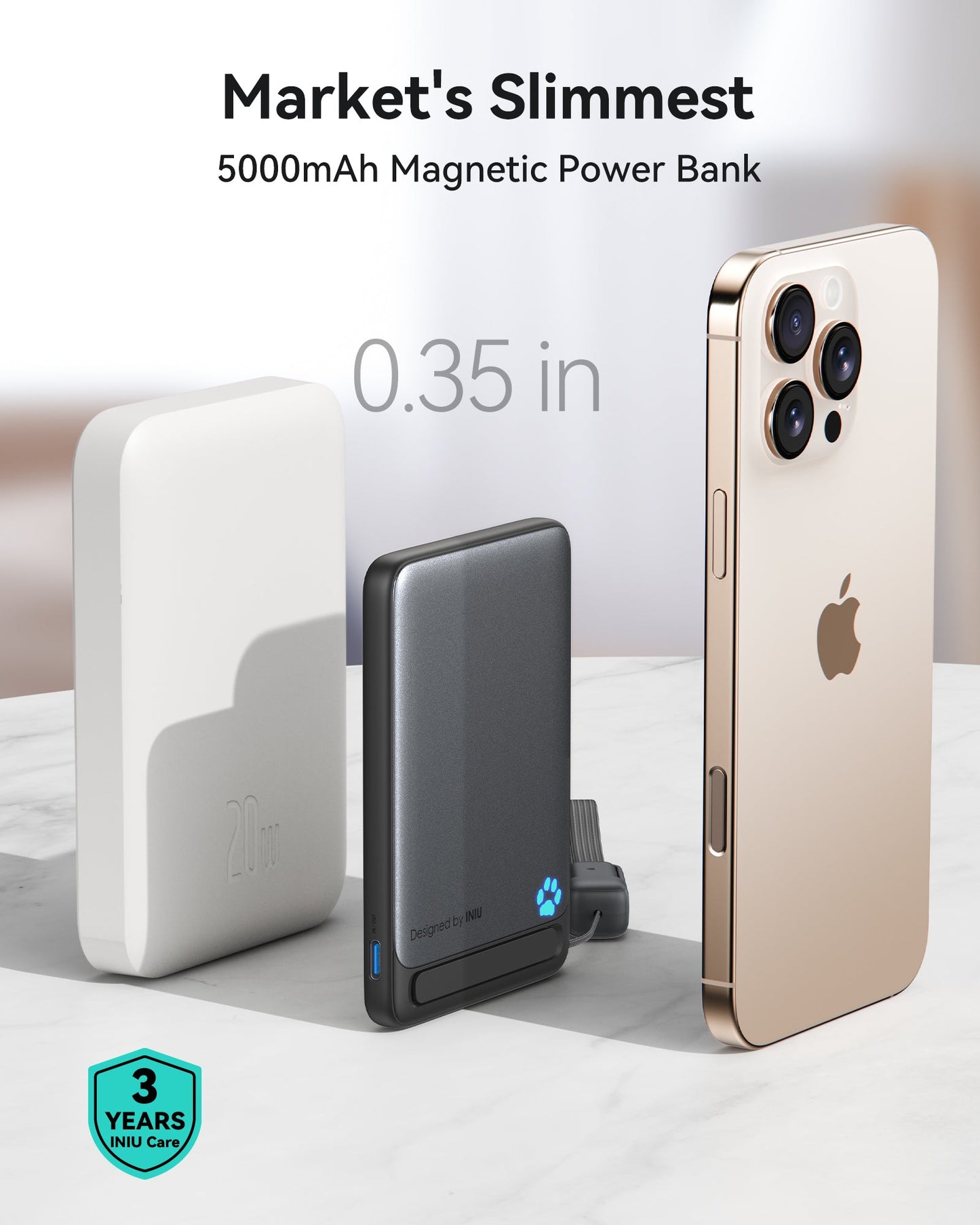 INIU SnapGo P71-E1: Slim 5000mAh magnetic power bank with iPhone, supporting Qi2 15W wireless charging.