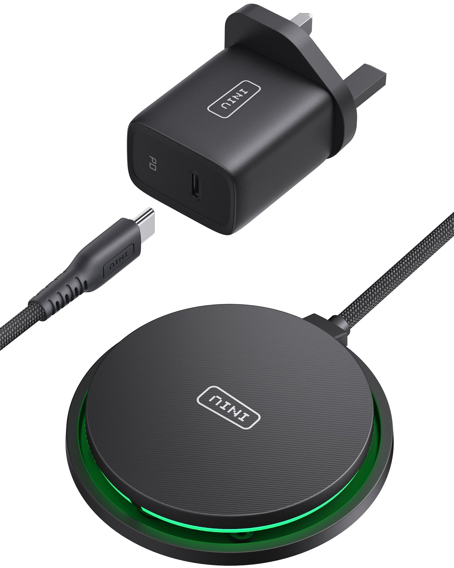 INIU W11-E1 Wireless Charger Kit: Black charger pad, adapter, and USB-C cable, fast charging.