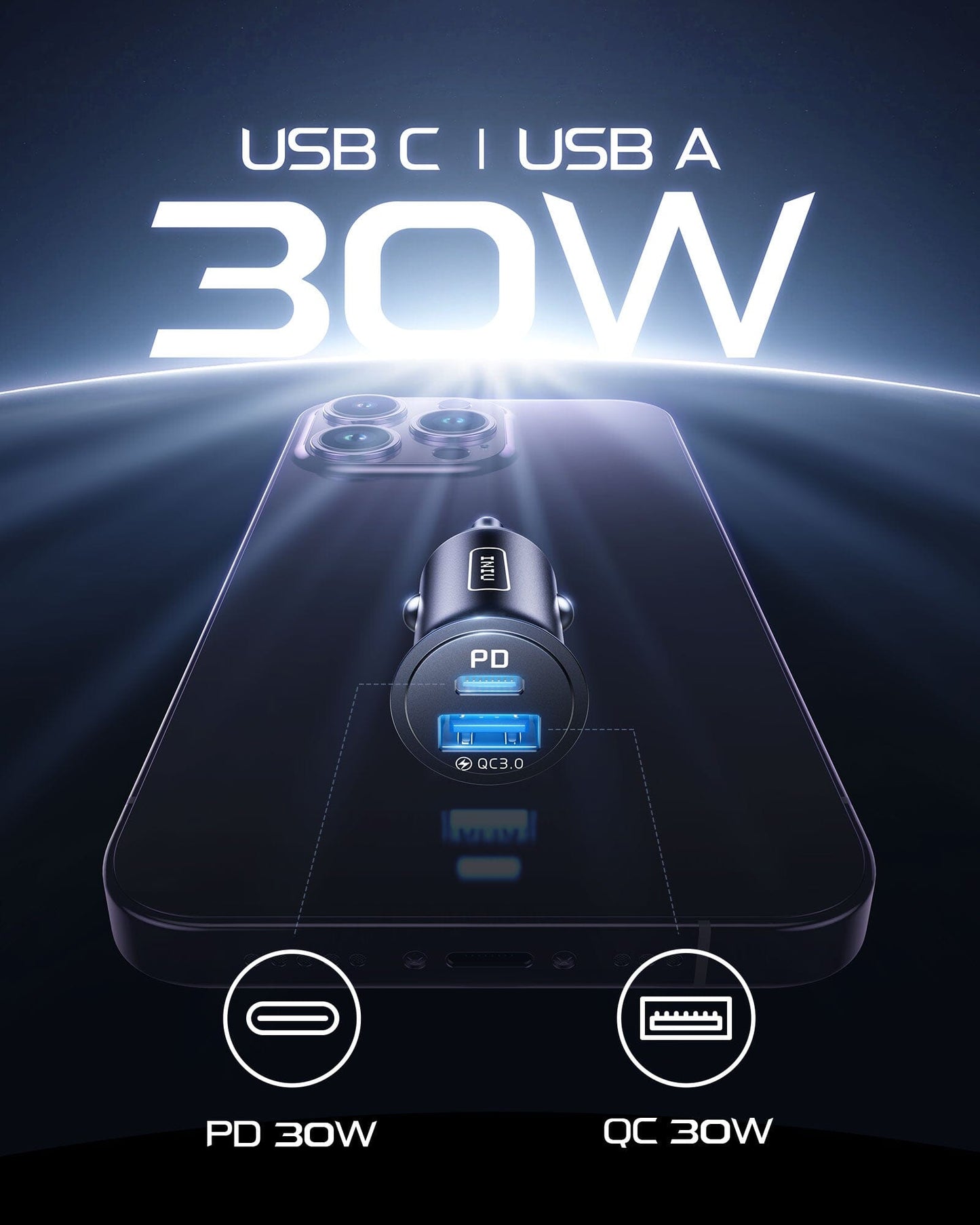 INIU I710 Car Charger, featuring PD 30W and QC 3.0 charging ports, perfect for fast charging your devices on the go.