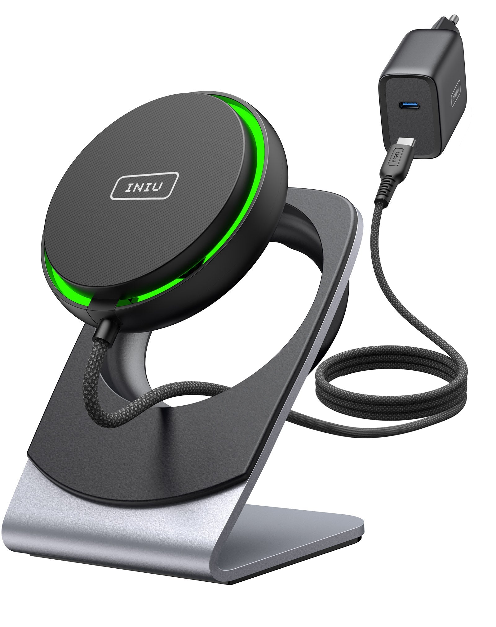 INIU WI213 Wireless Charger: Black wireless charger with green accent, silver stand and charger, INIU logo.