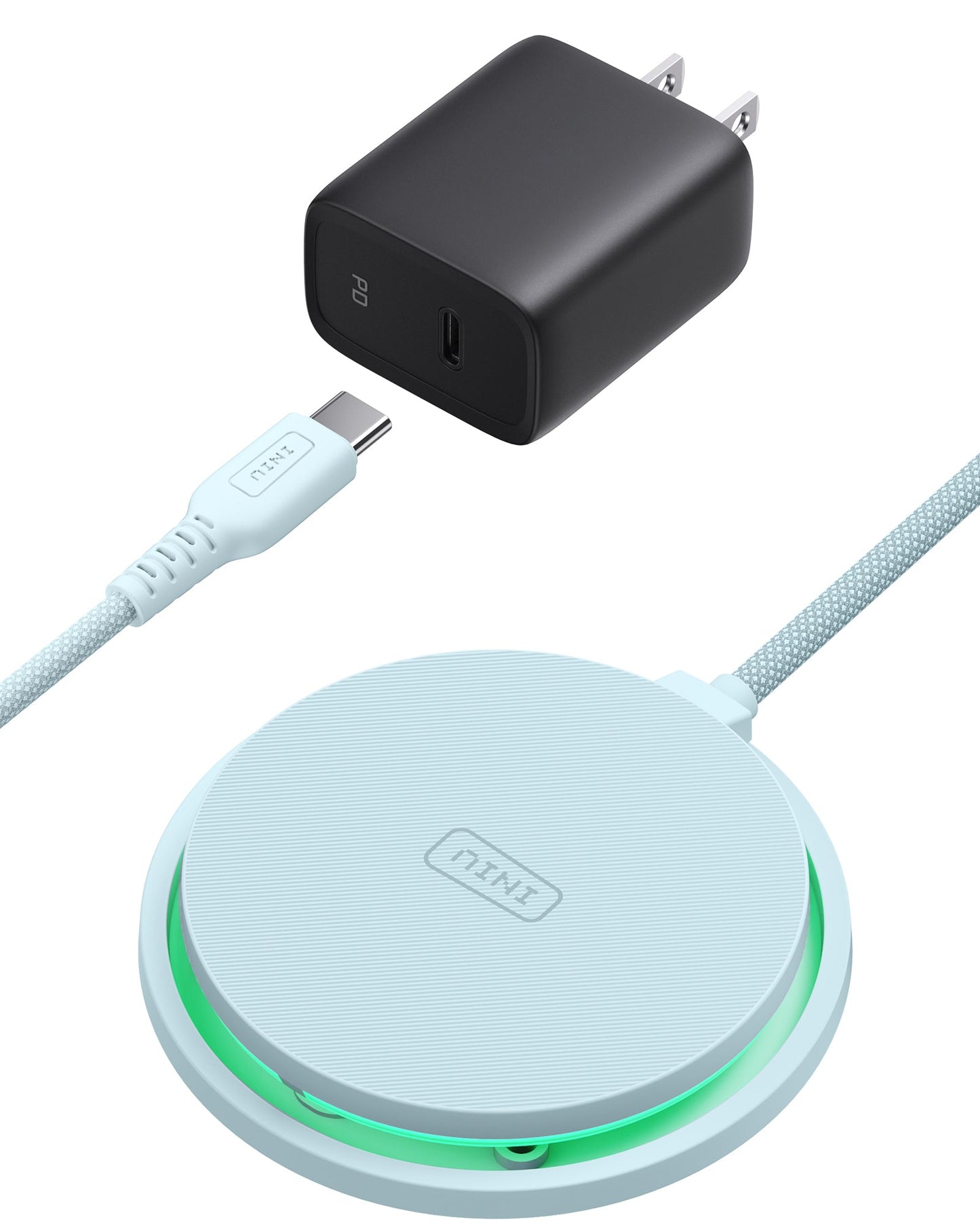 INIU W11-E1 Wireless Charger Kit: Black adapter and mint charger with USB-C cable for iPhone