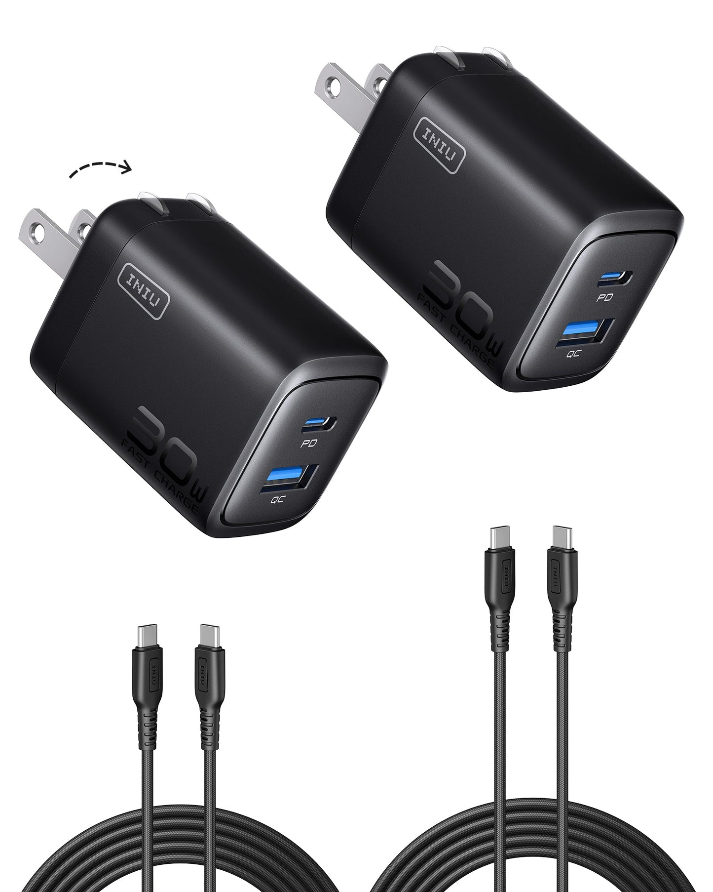 INIU A12-E1 Dual Port Charger 30W Black: Dual ports, fast charging with USB-C cables, and foldable plug, perfect for travel.