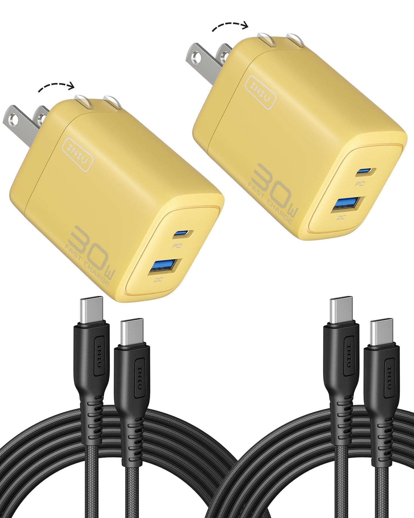 INIU A12-E1 30W Dual Port Charger, yellow, foldable plug with USB-C cables, fast charging for iPhone