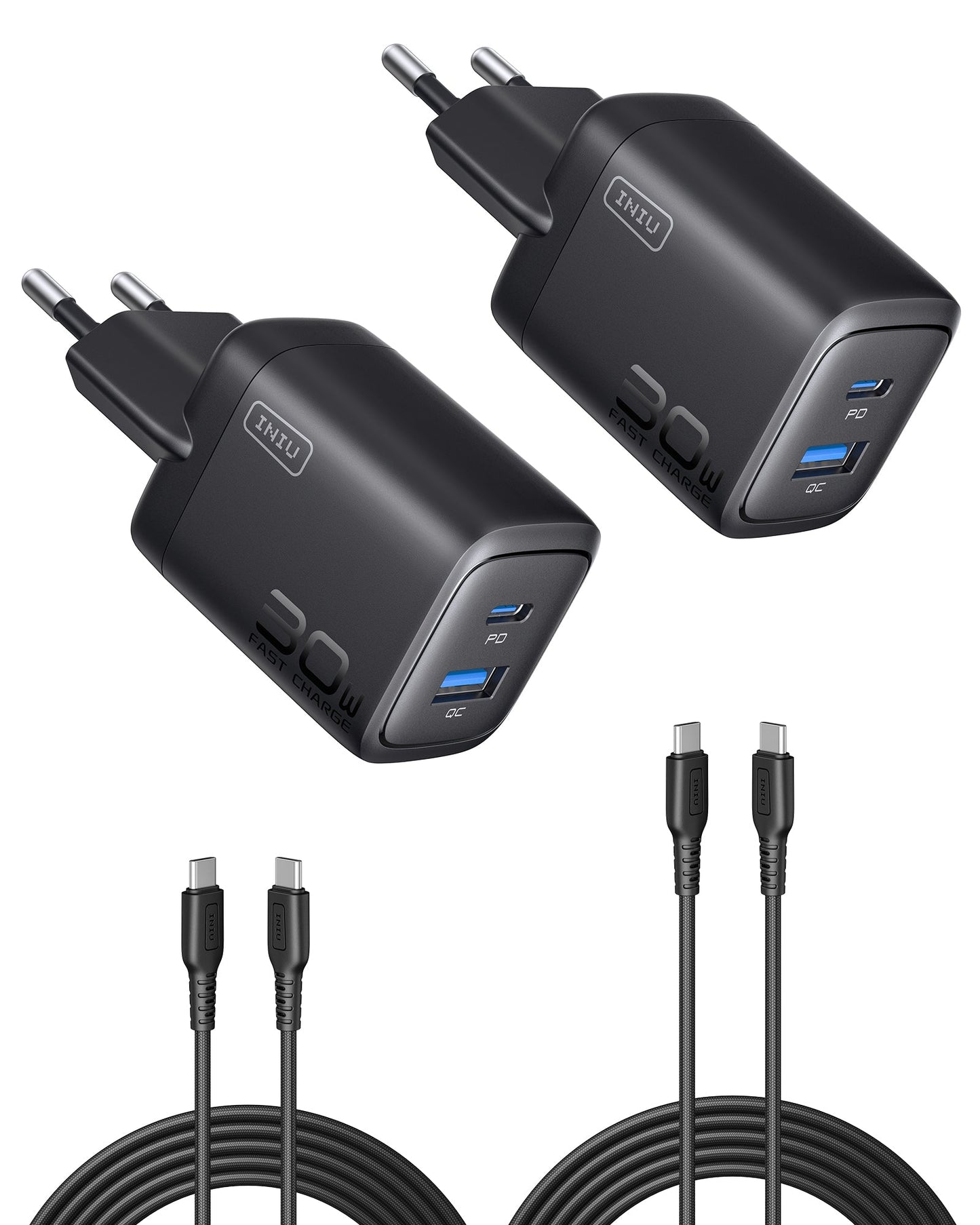 INIU A12-E1 30W Dual Port Charger in Black with Cables: Fast charging with PD and QC ports, perfect for home and travel.