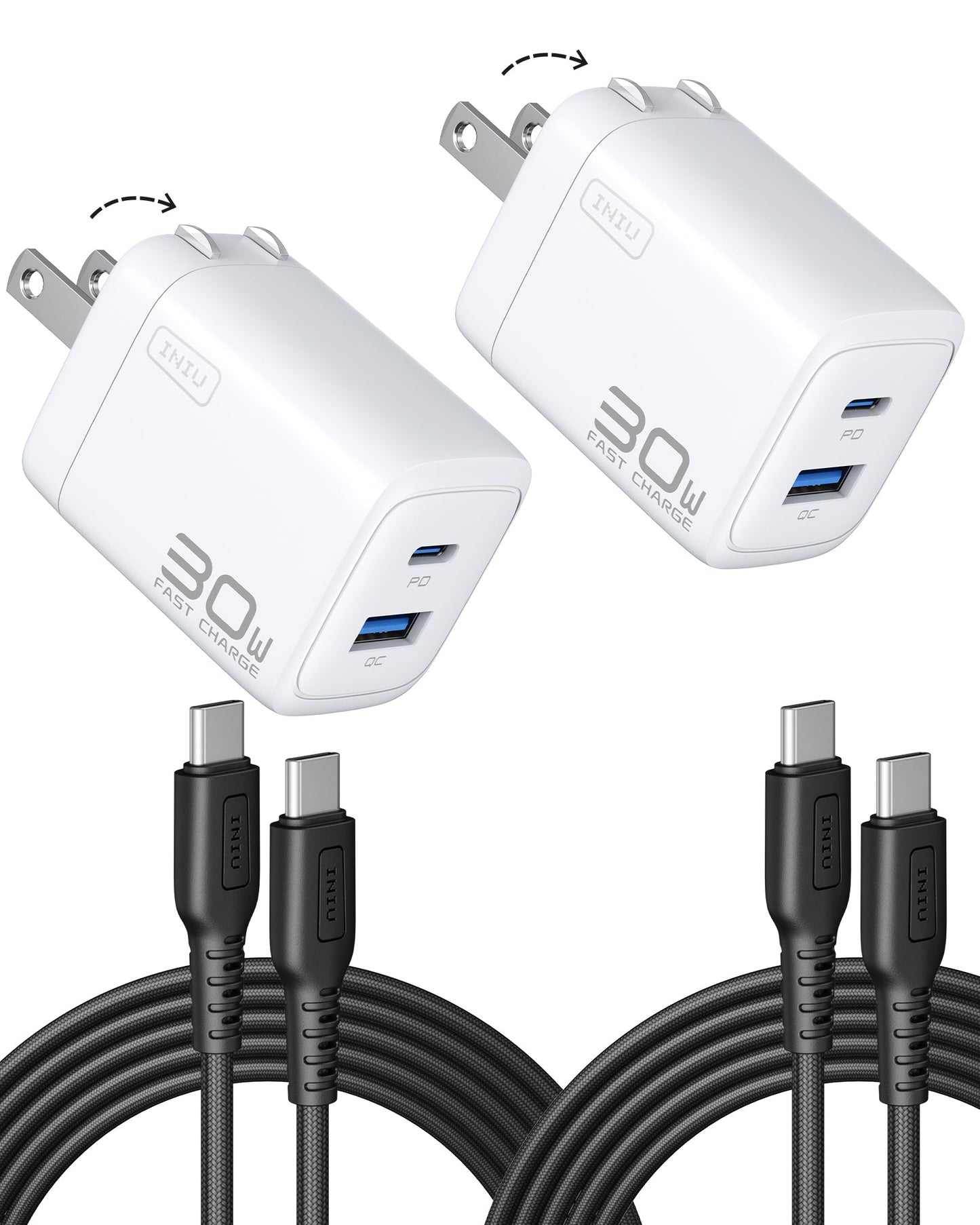 INIU A12-E1 30W Dual Port Charger with foldable plug and USB-C cable, fast charging PD and QC ports.