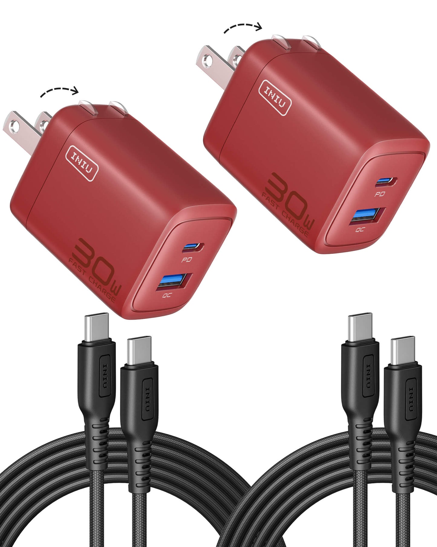 INIU A12-E1 30W Dual Port Charger in Red: Foldable plug, fast charging PD and QC ports, USB-C cables included.