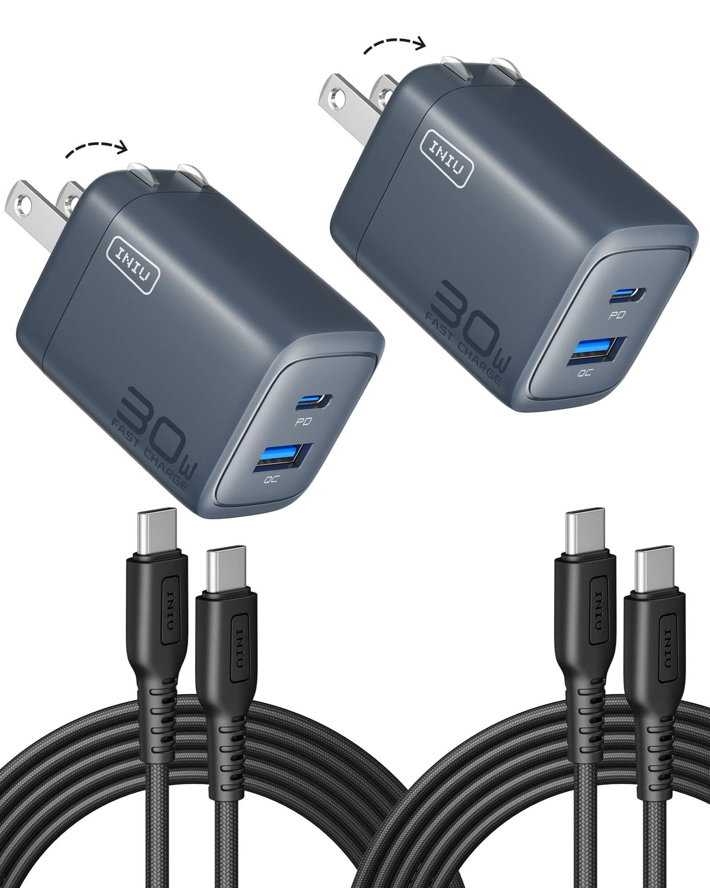 INIU A12-E1 30W Dual Port Charger - Black with Foldable Plug, Fast Charging, USB-C Cables Included.