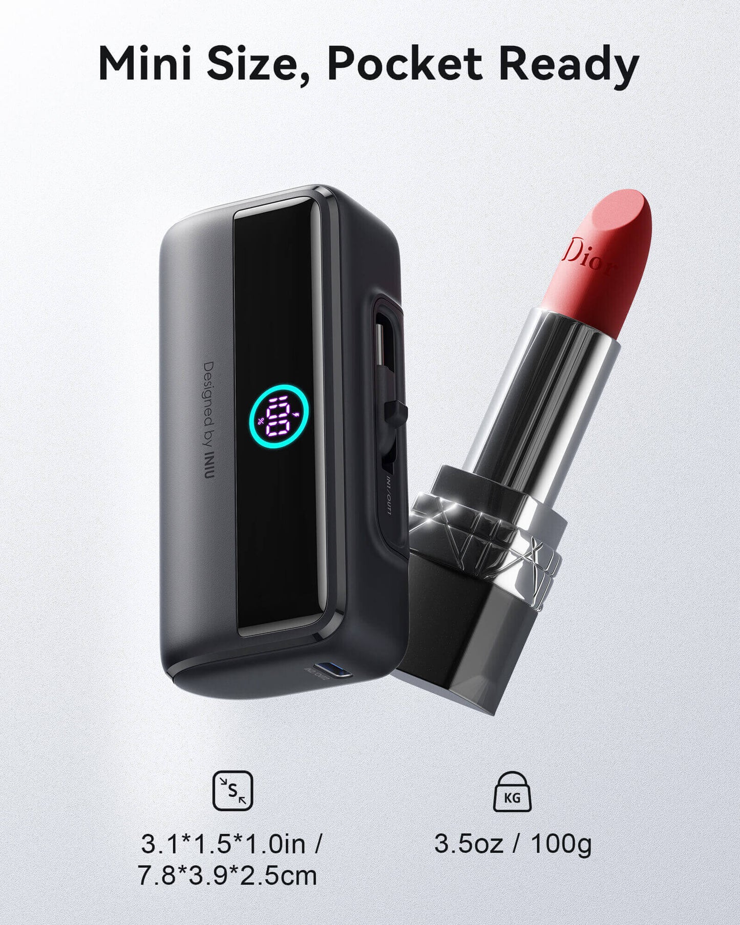 INIU P45-E1 Power Bank - Mini size, shown next to lipstick. 5500mAh portable power bank for fast charging.