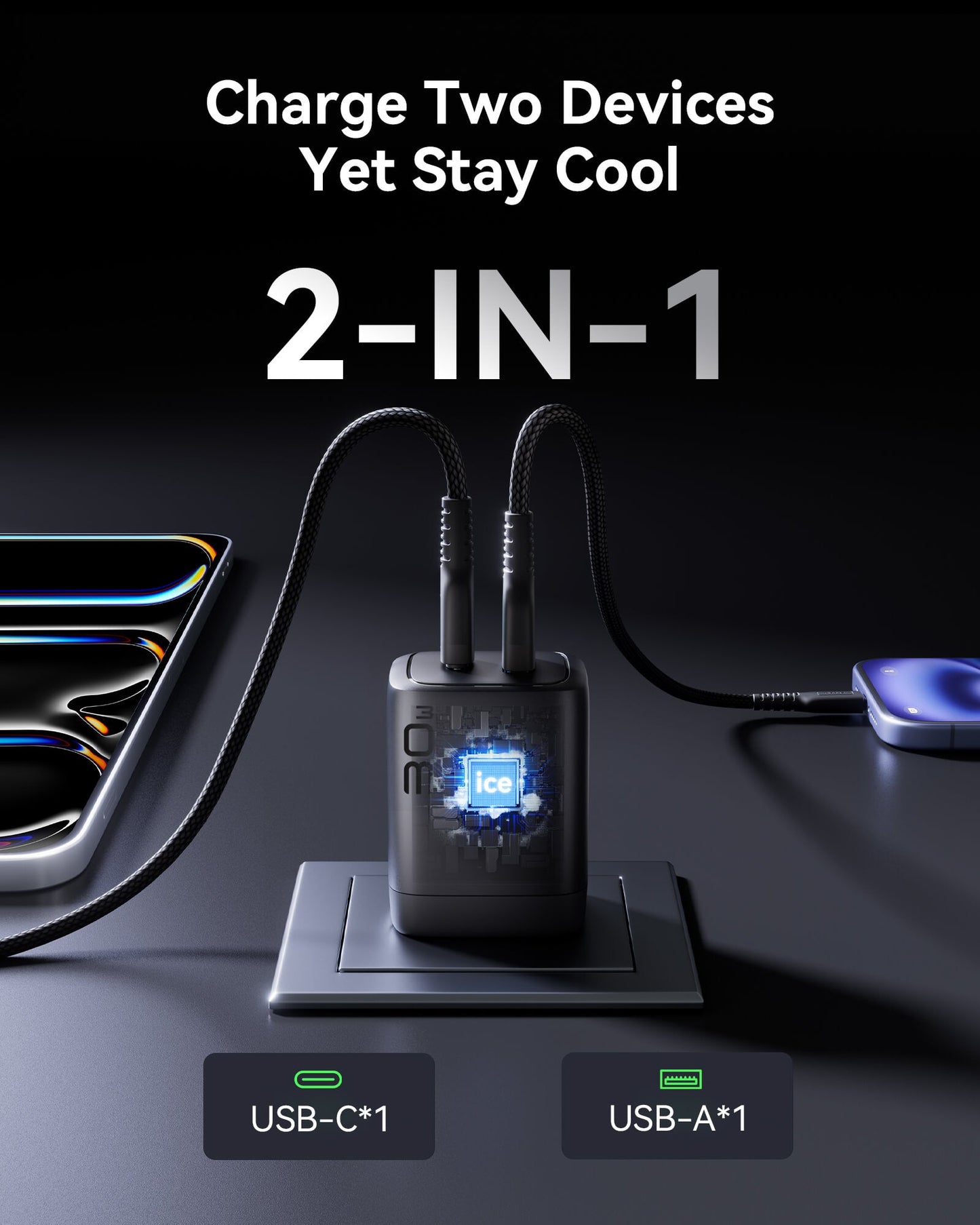 INIU A12-E1 Charger: Black 2-in-1 design, dual port 30W charger, USB-C and USB-A, fast charging two devices simultaneously.