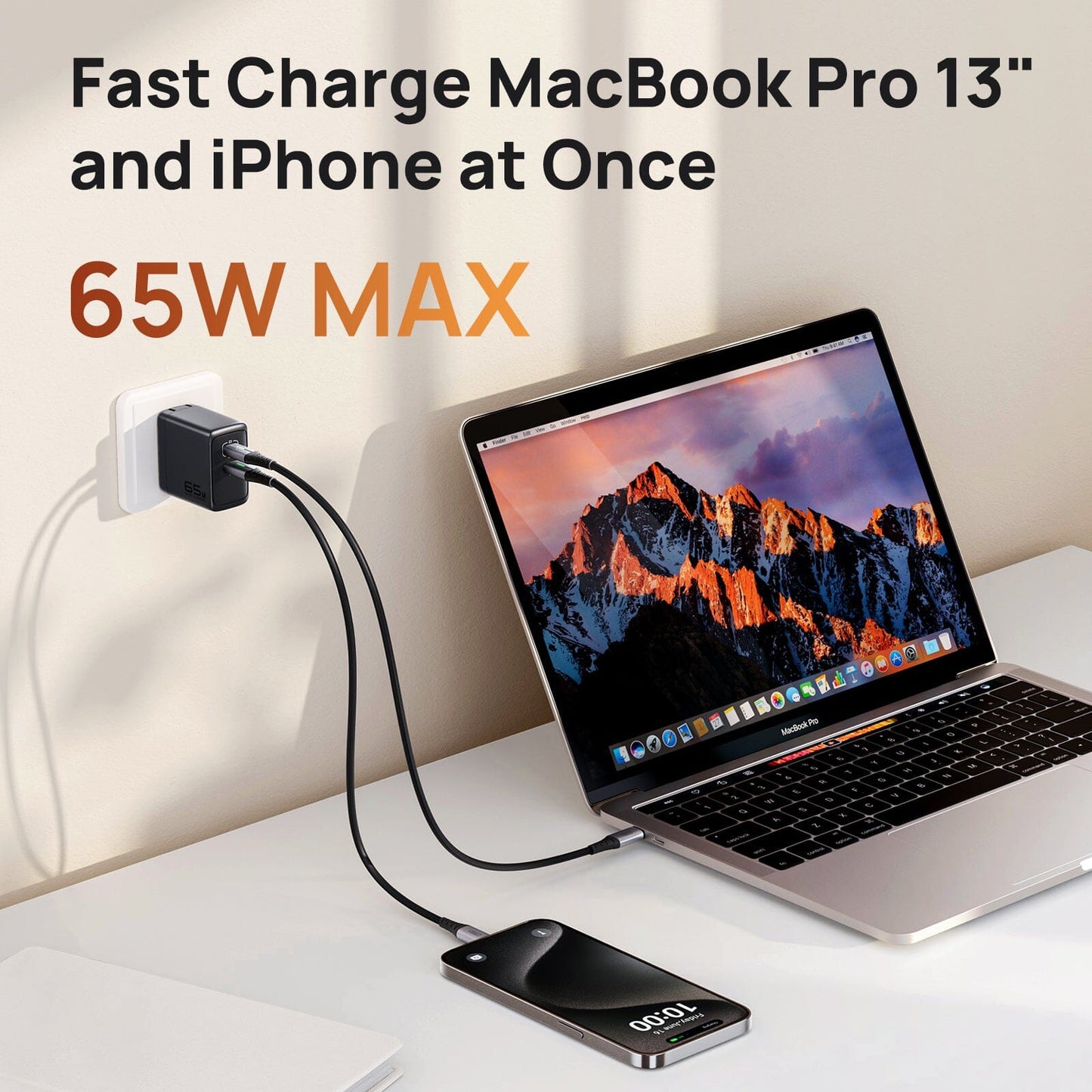 INIU I624 65W Dual Ports Wall Charger fast charging MacBook Pro 13" and iPhone simultaneously, black charger