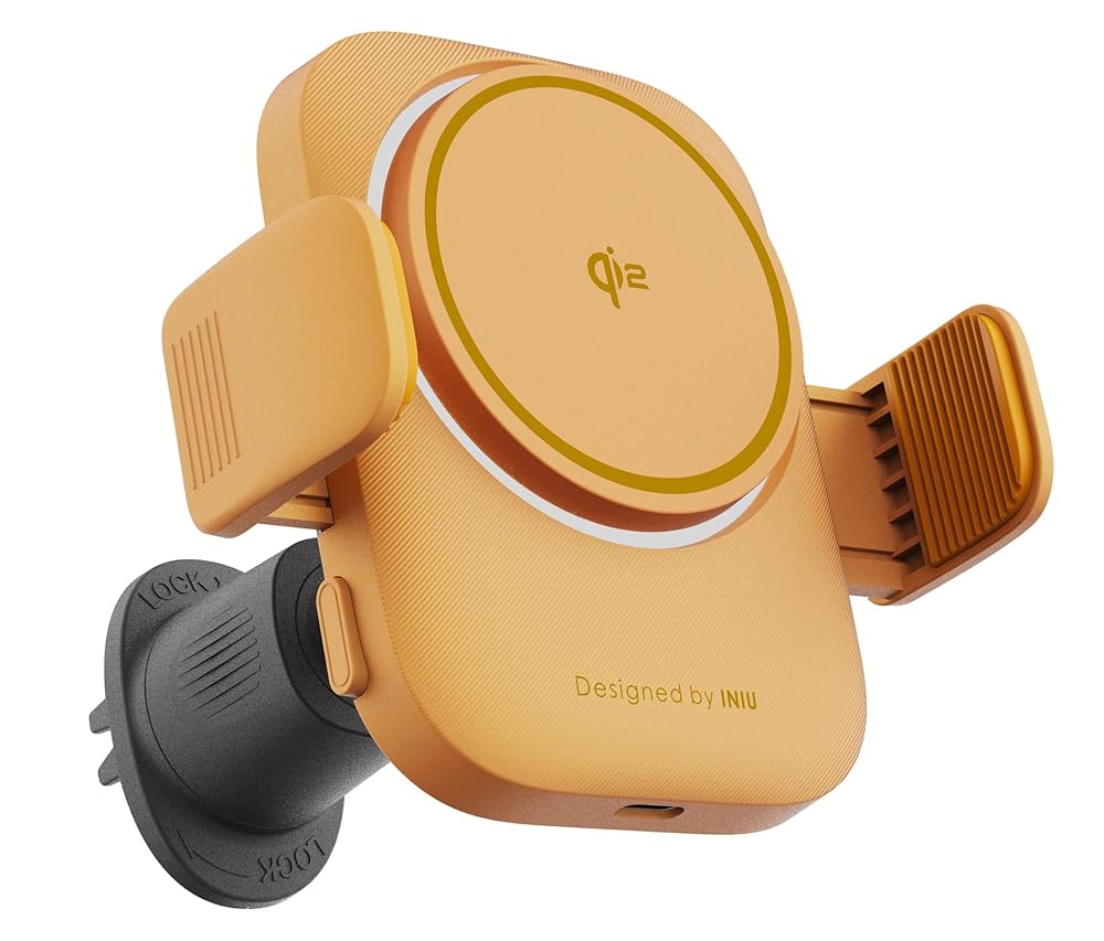 INIU SnapGo V11-E1 Magnetic Wireless Car Charger in Orange, featuring Qi2 logo, Designed by INIU, and adjustable mount