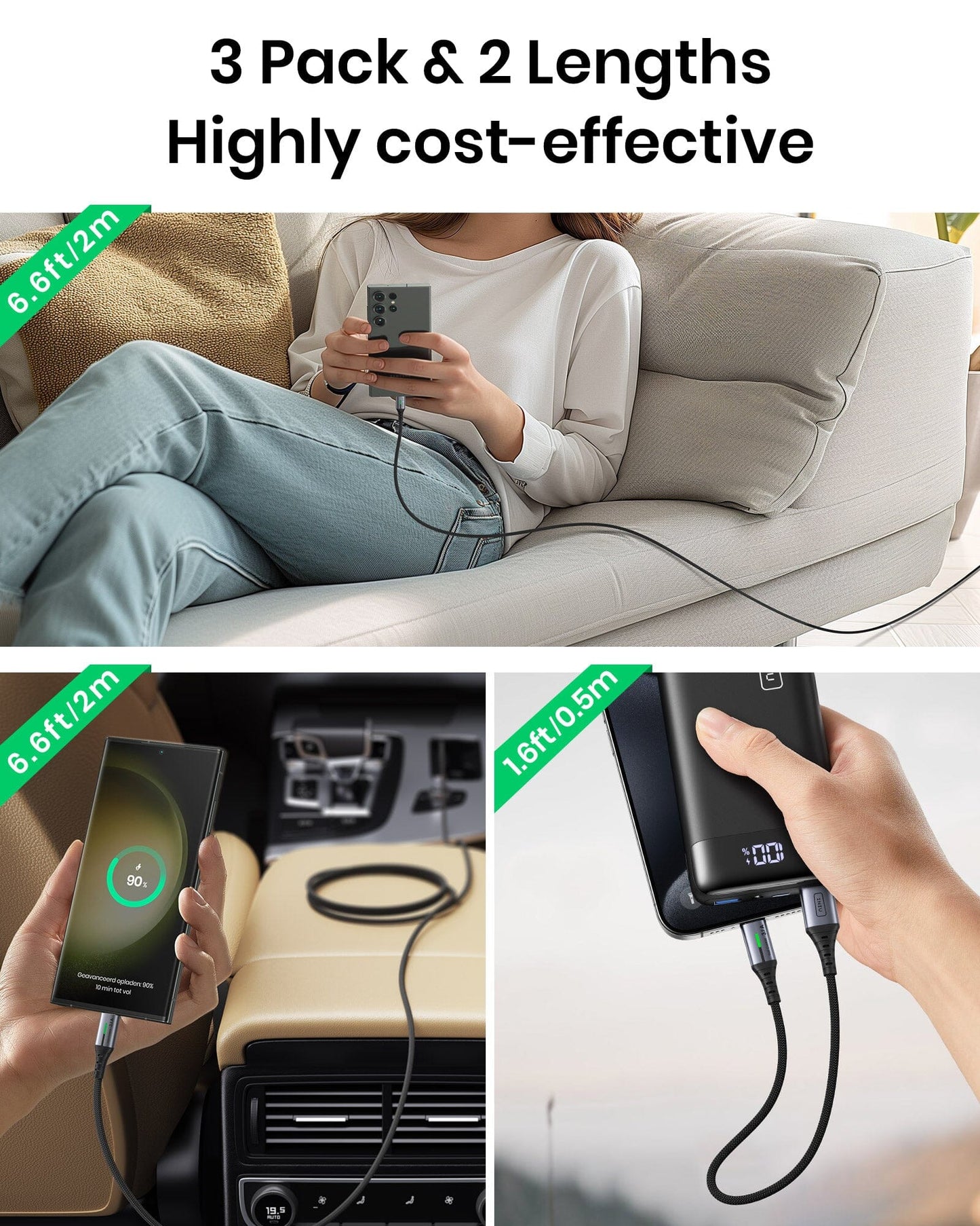 INIU D5C USB-C Cable 3-Pack, fast charging, 3 lengths for home, office and on the go, cost-effective, safe.