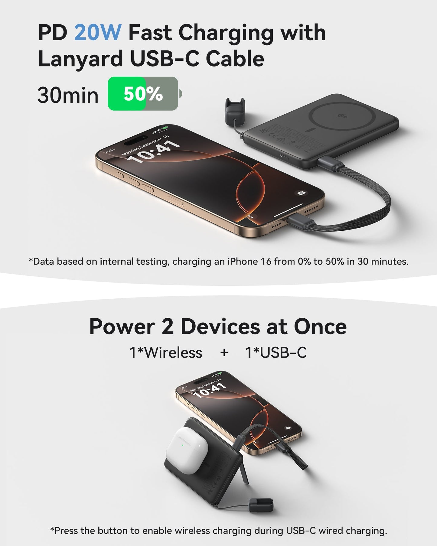 INIU SnapGo P71-E1: PD 20W fast charging power bank, iPhone 16 charges to 50% in 30 minutes via Lanyard USB-C cable