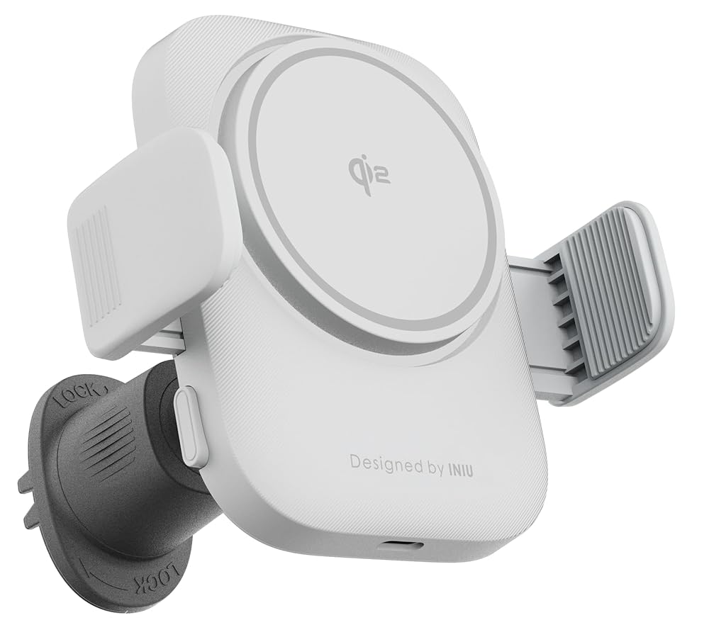 INIU SnapGo V11-E1 Qi2 Magnetic Wireless Car Charger - White, Qi2 logo, Designed by INIU, adjustable mount.