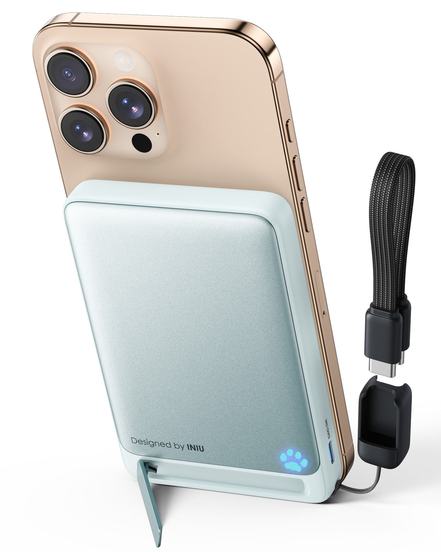 INIU P73-E1: Mint wireless charger with gold iPhone, paw-print indicator, and USB-C cable