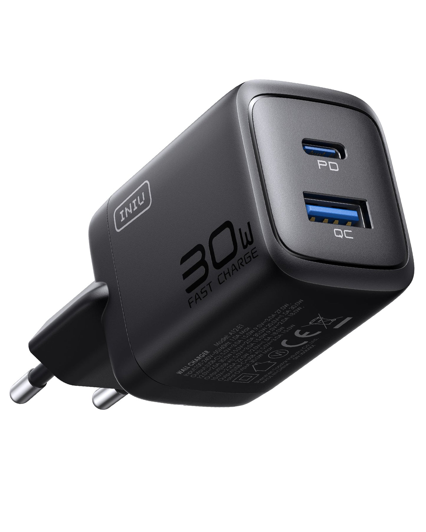 INIU A12-E1 30W Dual Port Charger in Black, Compact Design, PD and QC Ports, Fast Charging