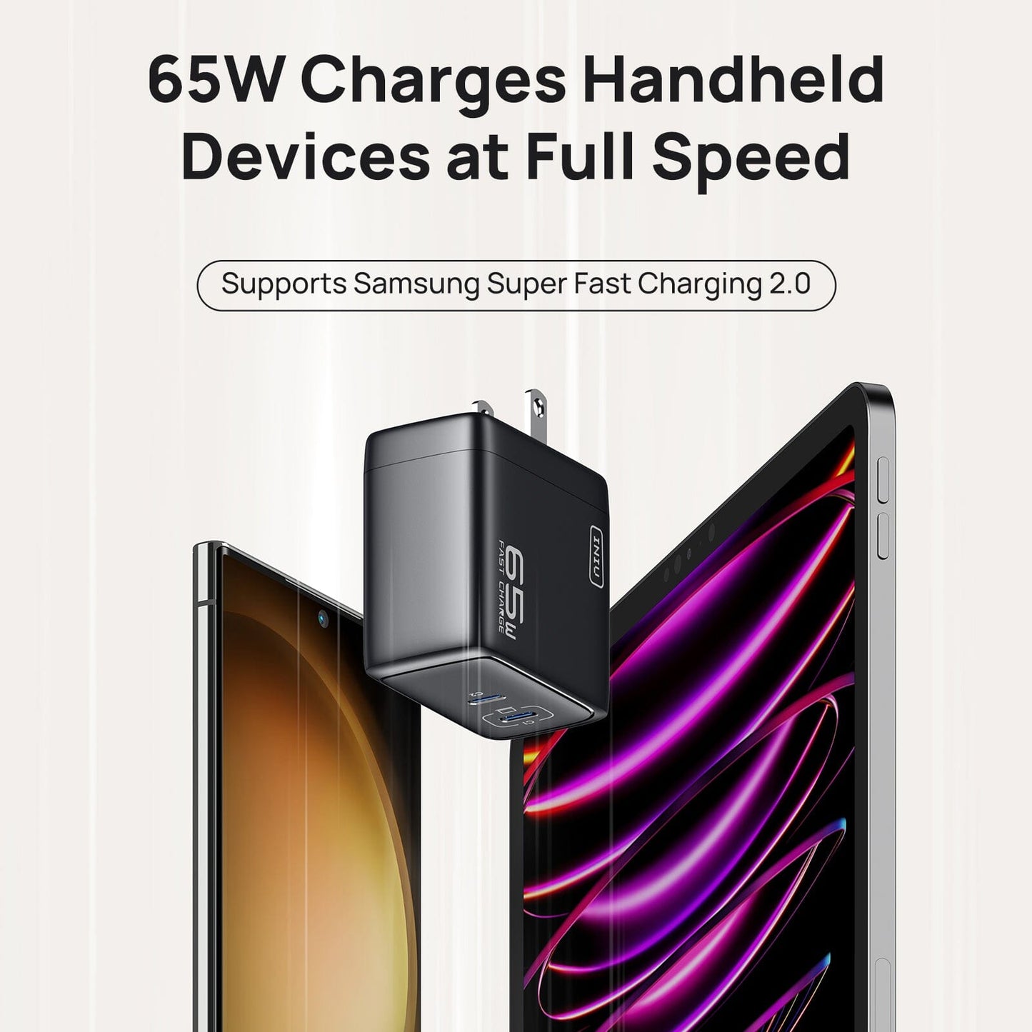 INIU I624 65W Dual Ports Wall Charger, black, fast charging handheld devices at full speed, supports Samsung fast charging