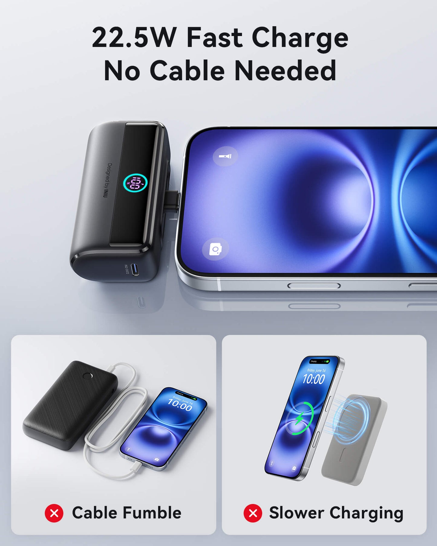 INIU P45-E1 Power Bank: 22.5W fast charge, no cable needed, black power bank, fast charging.