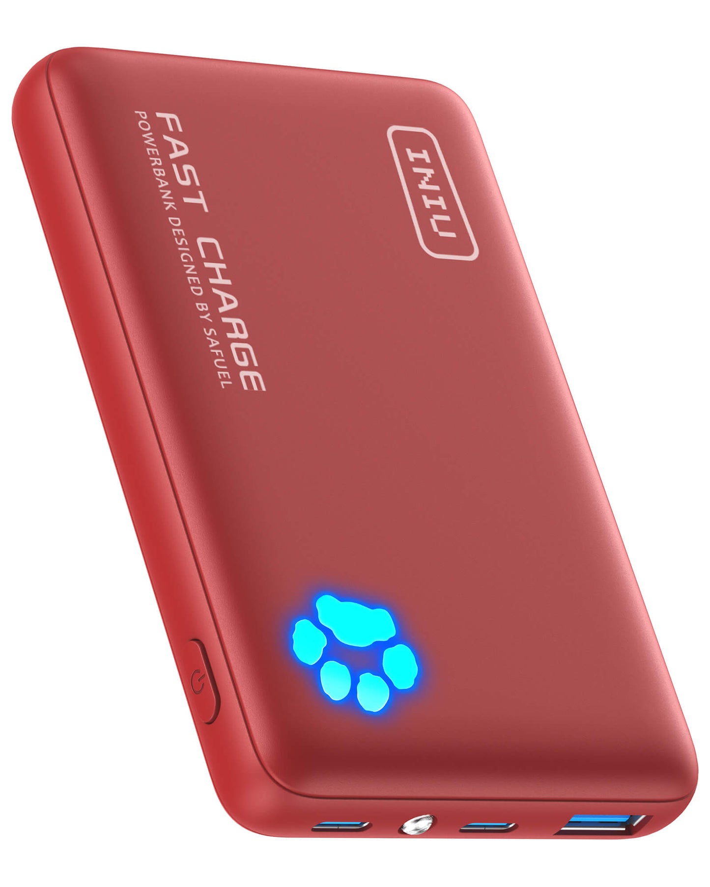 INIU P41 Power Bank Red: Fast Charge portable charger with paw print indicator.