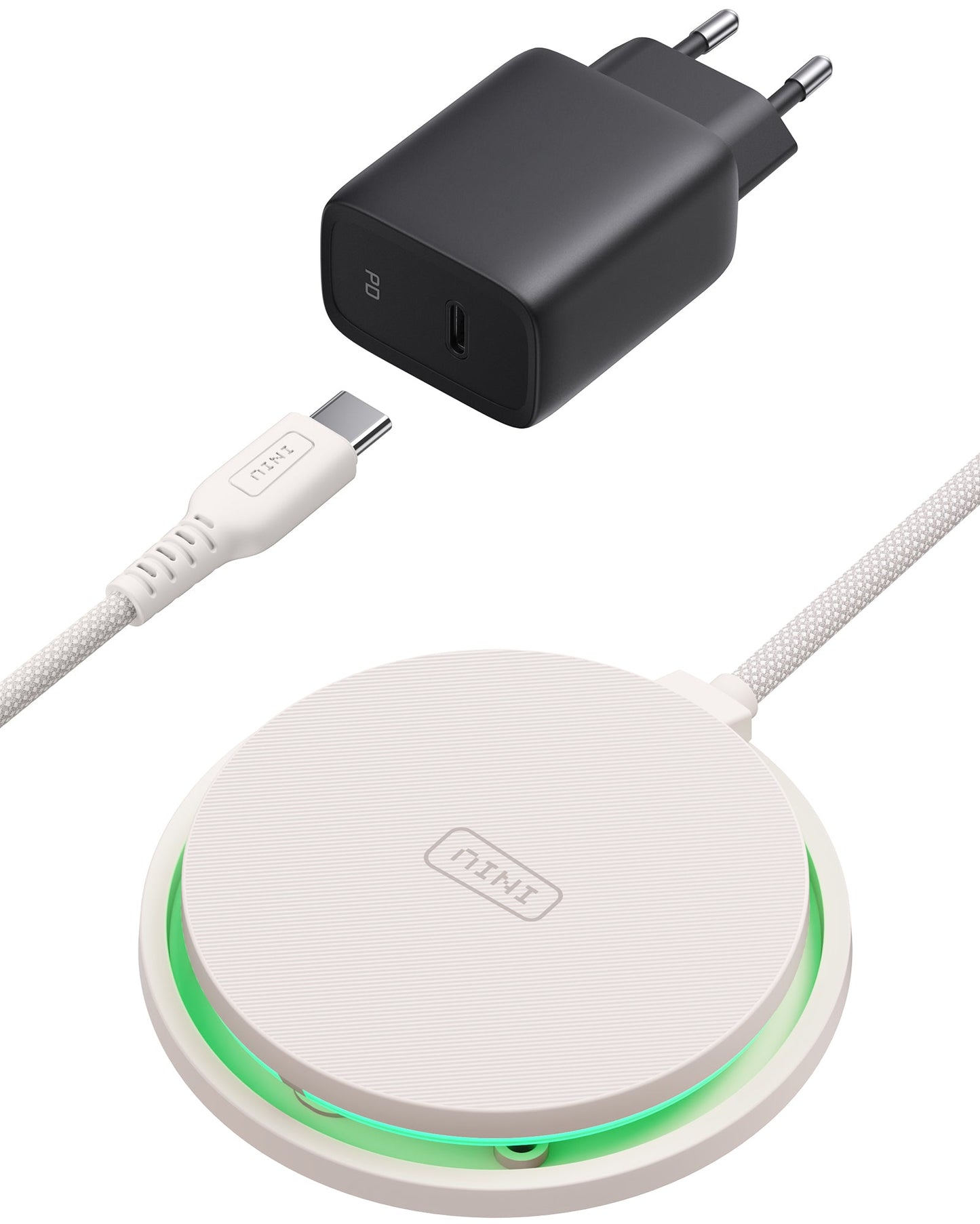 INIU W11-E1 Wireless Charger Kit: White wireless charging pad, black adapter, USB-C cable; fast charging.