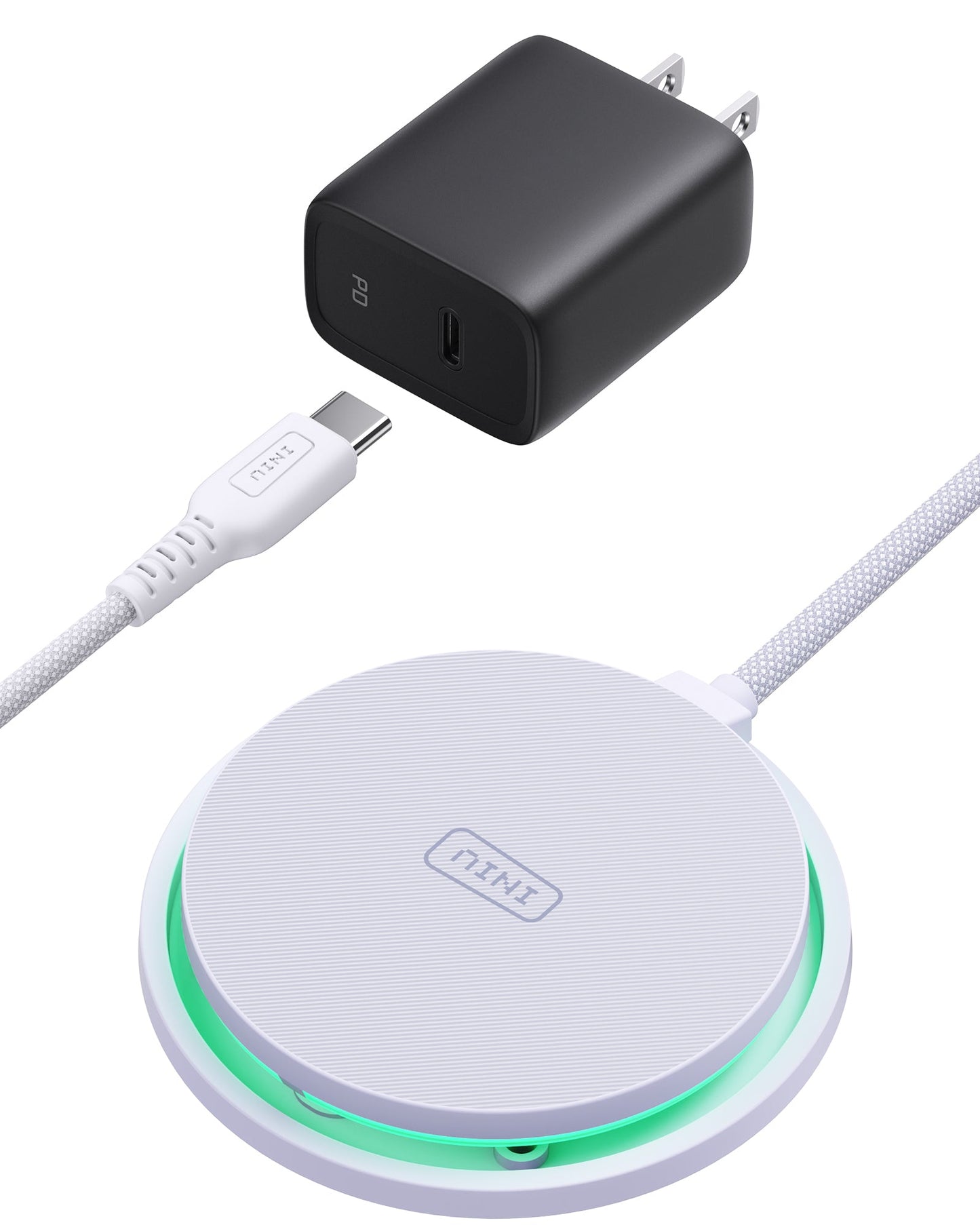 INIU W11-E1 Wireless Charger Kit: Black adapter, white wireless charging pad, USB-C cable, fast charging solution.