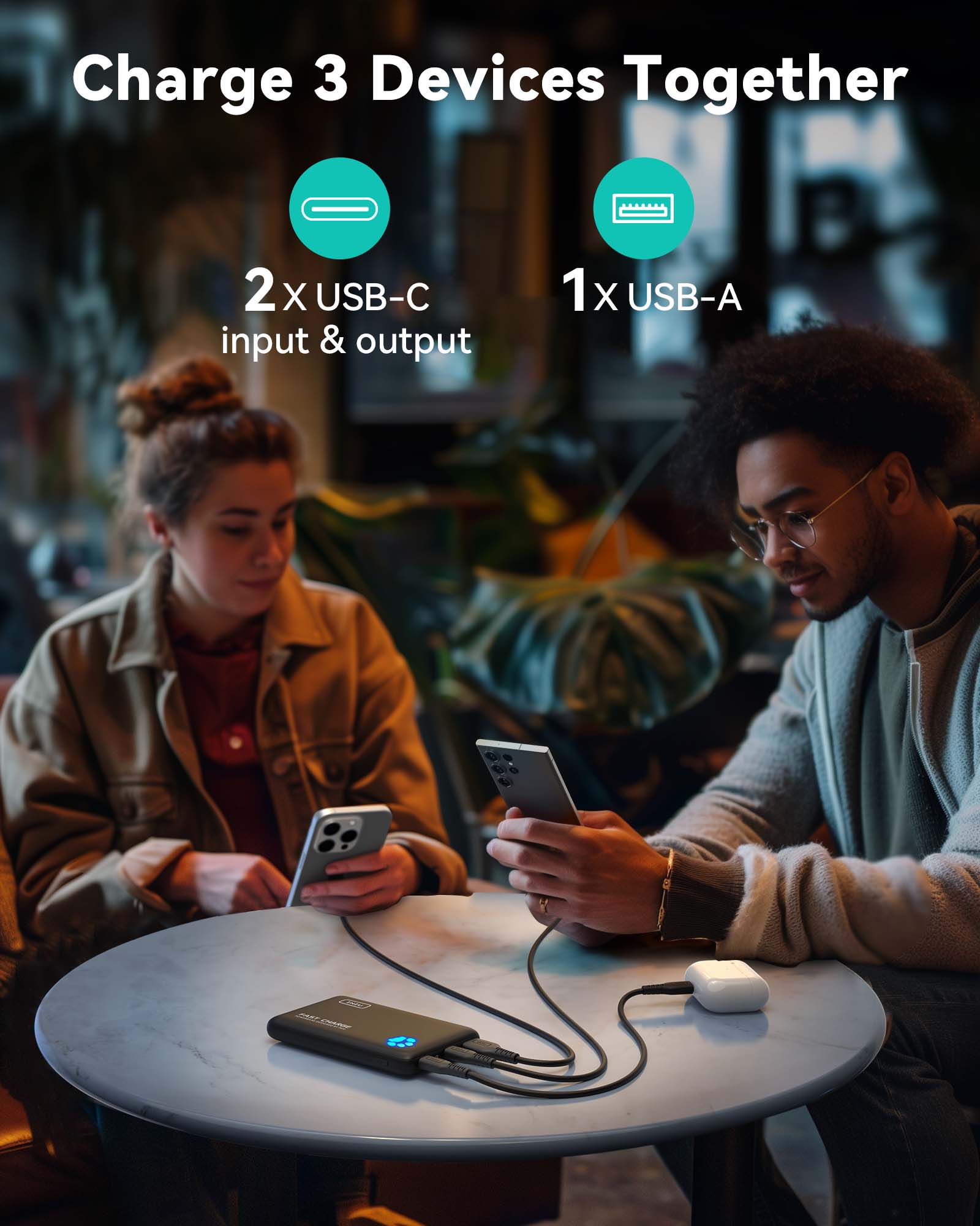 INIU P41-E1 Power Bank: Charge 3 devices together with 2 USB-C and 1 USB-A ports, fast charging solution.