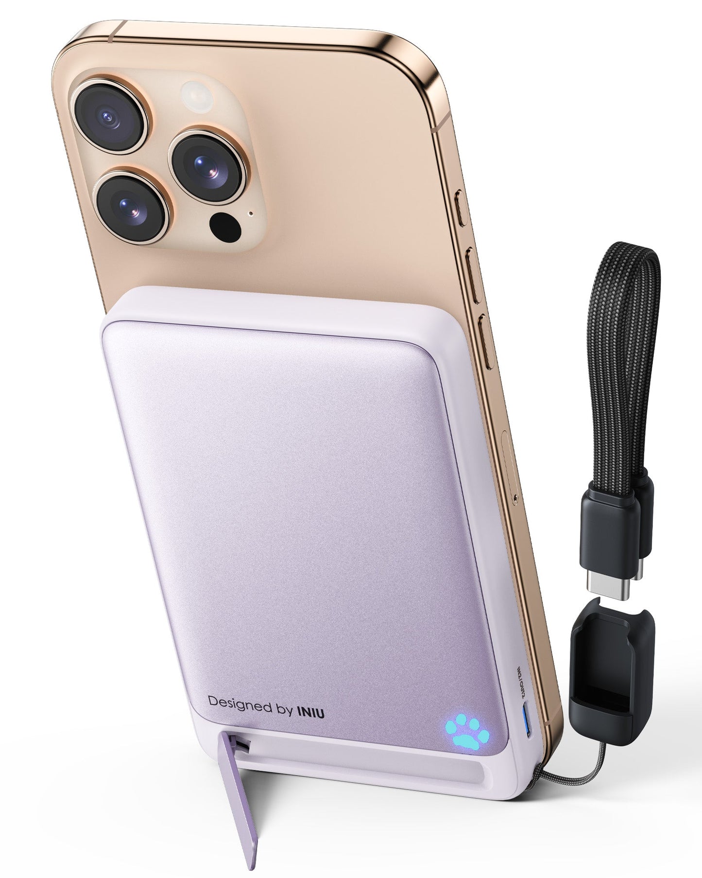 INIU SnapGo P73-E1 Wireless Charger with iPhone 16, foldable stand, designed by INIU, fast charging, paw indicator.