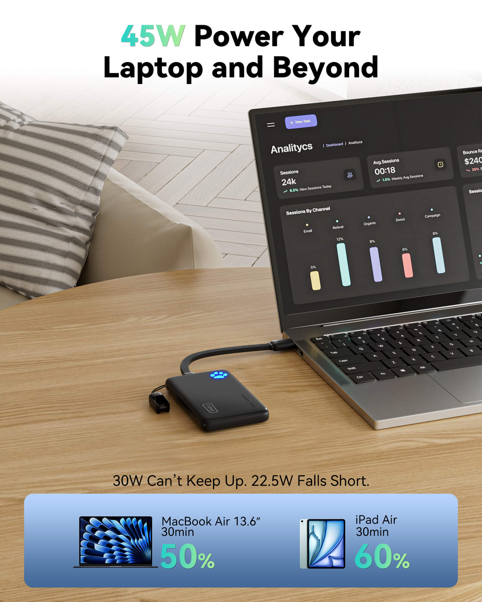 INIU P41-E2 Power Bank, 45W fast charging laptop, power bank comparison, black design, fast charging tech.