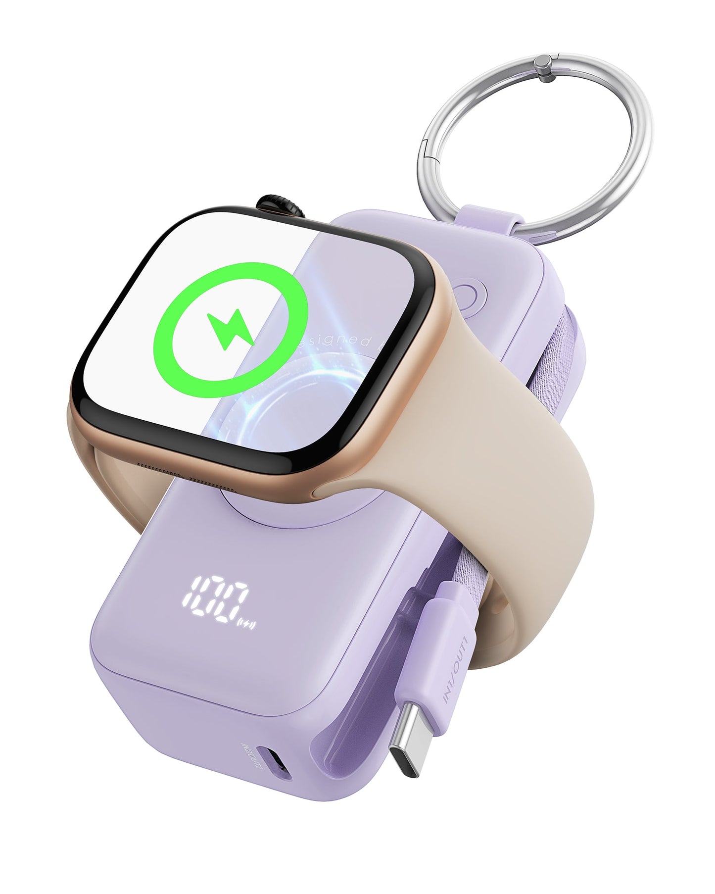 INIU P81-E1 iWatch Charger: Wireless charging an Apple Watch Series with keychain design and digital power display.