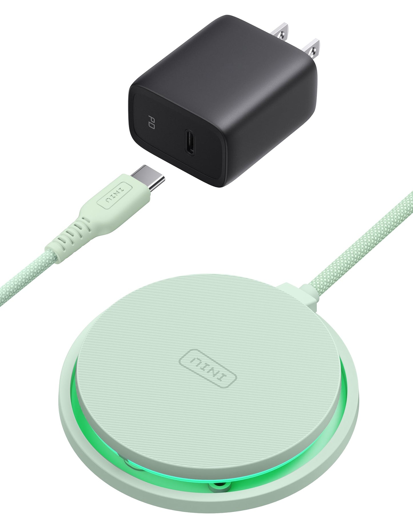 INIU W11-E1 Wireless Charger Kit: Mint wireless charging pad, black adapter, USB-C cable for fast charging