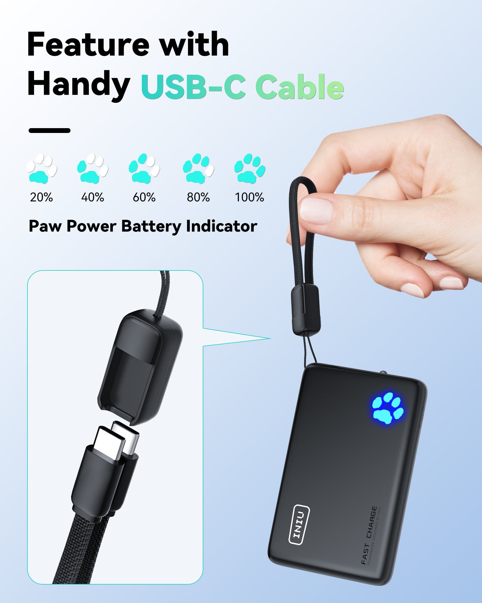 INIU P41-E2 Power Bank featuring USB-C cable and paw-shaped battery indicator, fast charging technology.