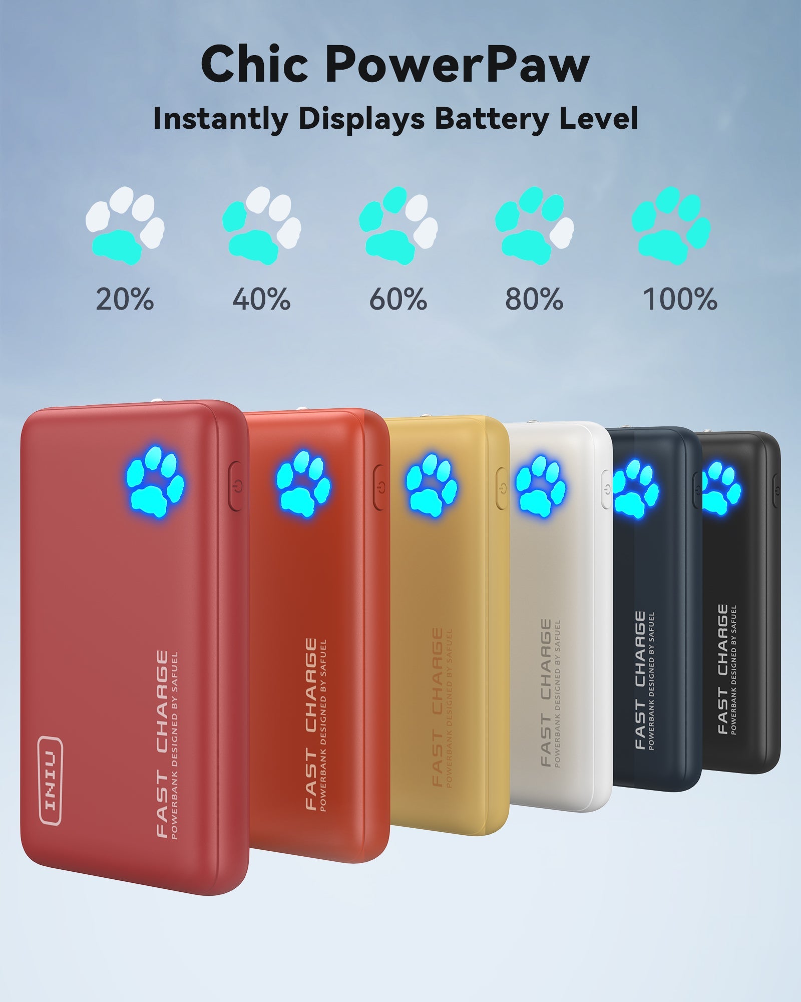 INIU P41 Power Bank in various colors with paw print battery indicators showing charge levels, Fast Charge.